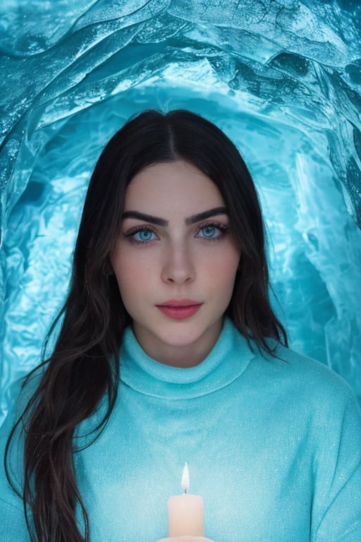 A cinematic, highly realistic, and detailed image of Jade Picon in an ice cave. Jade Picon is exploring ice formations with a lantern, facing the viewer directly. The scene should have sharp, clear details with a cold, blue glow.
