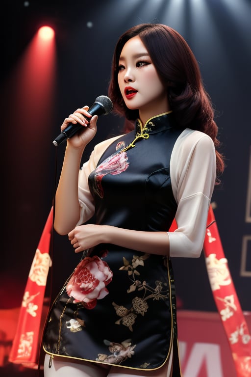 8k ultra high resolution, girl, wearing light vintage print Cheongsam Collar Goth Thigh-high Slit long Qipao, wavy hair, slim long hour-glass body shape, (RAW photo, best quality), photorealistic,  singing with mic in hand on stage, audiances in the background, full_body, (soft lighting), close view, eyes on viewer, photorealistic,realistic,nodf_lora,tranzp,Detailedface