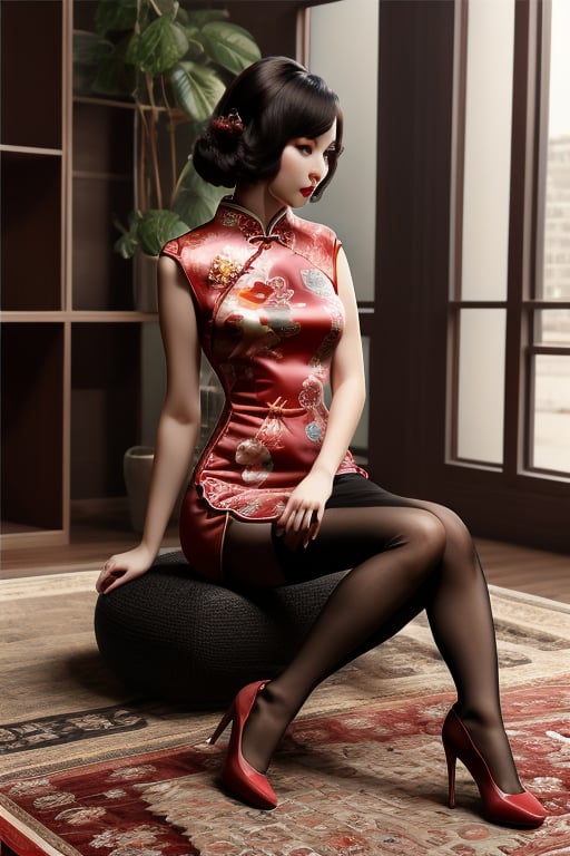 8k ultra high resolution, girl, wearing red vintage print Cheongsam Collar Goth Thigh-high Slit Qipao, wavy hair, slim long hour-glass body shape, (RAW photo, best quality), photorealistic, sitting on her legs, over an elegant persian carpet full_body, (soft lighting), close view, DD_v1,photorealistic,realistic,nodf_lora,Mecha body,tranzp