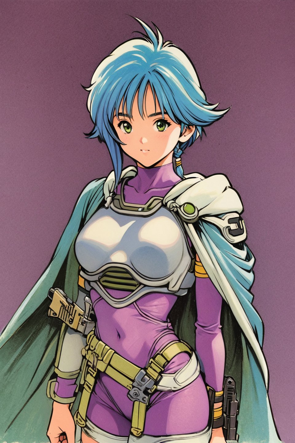 Karin Aoi, 1girl, solo, weapon, gun, green eyes, side braid, handgun, short hair, blue hair, white hair, Purple_bodysuit_White_Pauldrons_White_breastplate_Asymmetrical_legwear_White_thighhighs_hood_down_Purple_Cape, upper body, traditional media