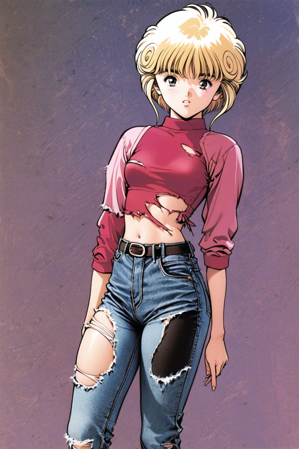 Ai Amano, 1girl, solo, pants, denim, jeans, short hair, torn clothes, belt, long sleeves, retro artstyle, looking at viewer, cowboy shot, midriff, torn pants, blonde hair