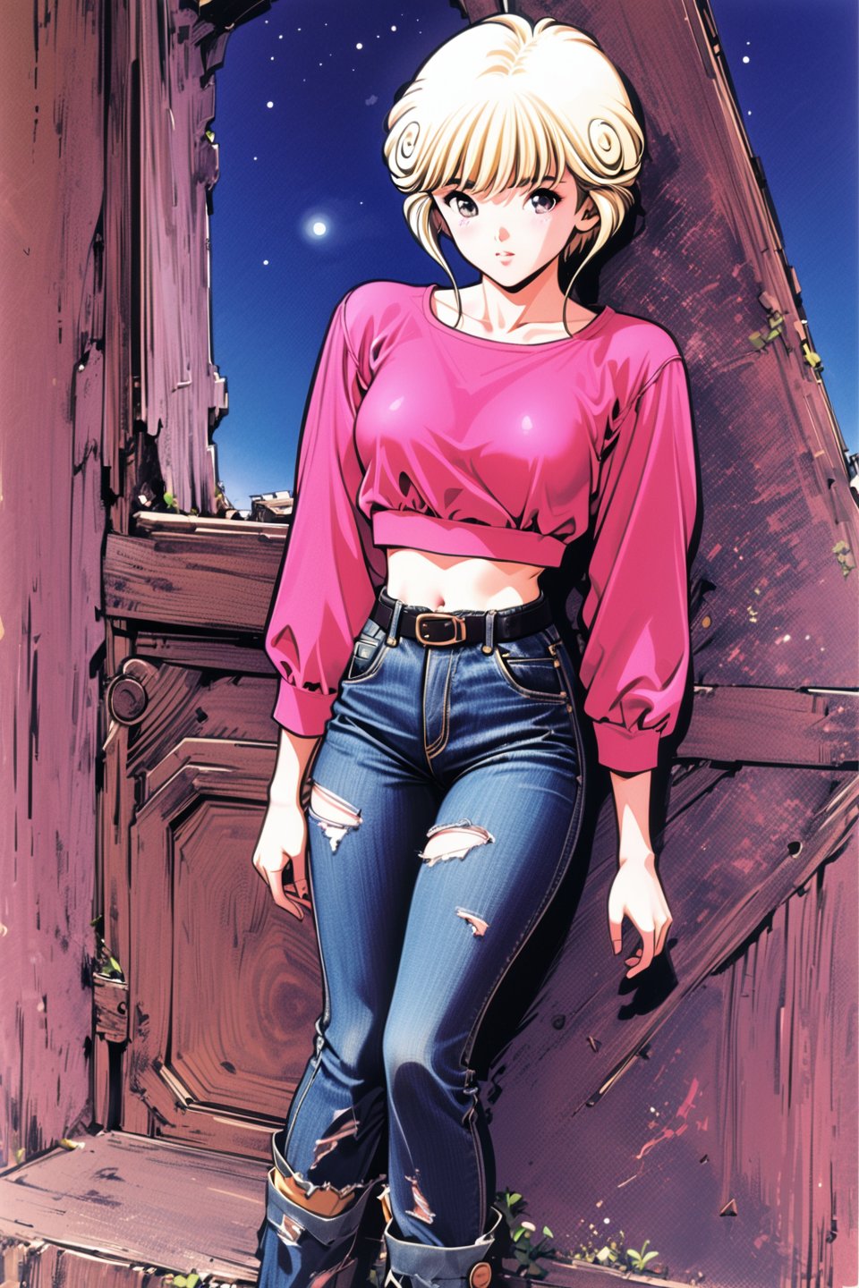 Ai Amano, 1girl, solo, pants, denim, jeans, short hair, torn clothes, belt, long sleeves, retro artstyle, looking at viewer, cowboy shot, midriff, torn pants, blonde hair