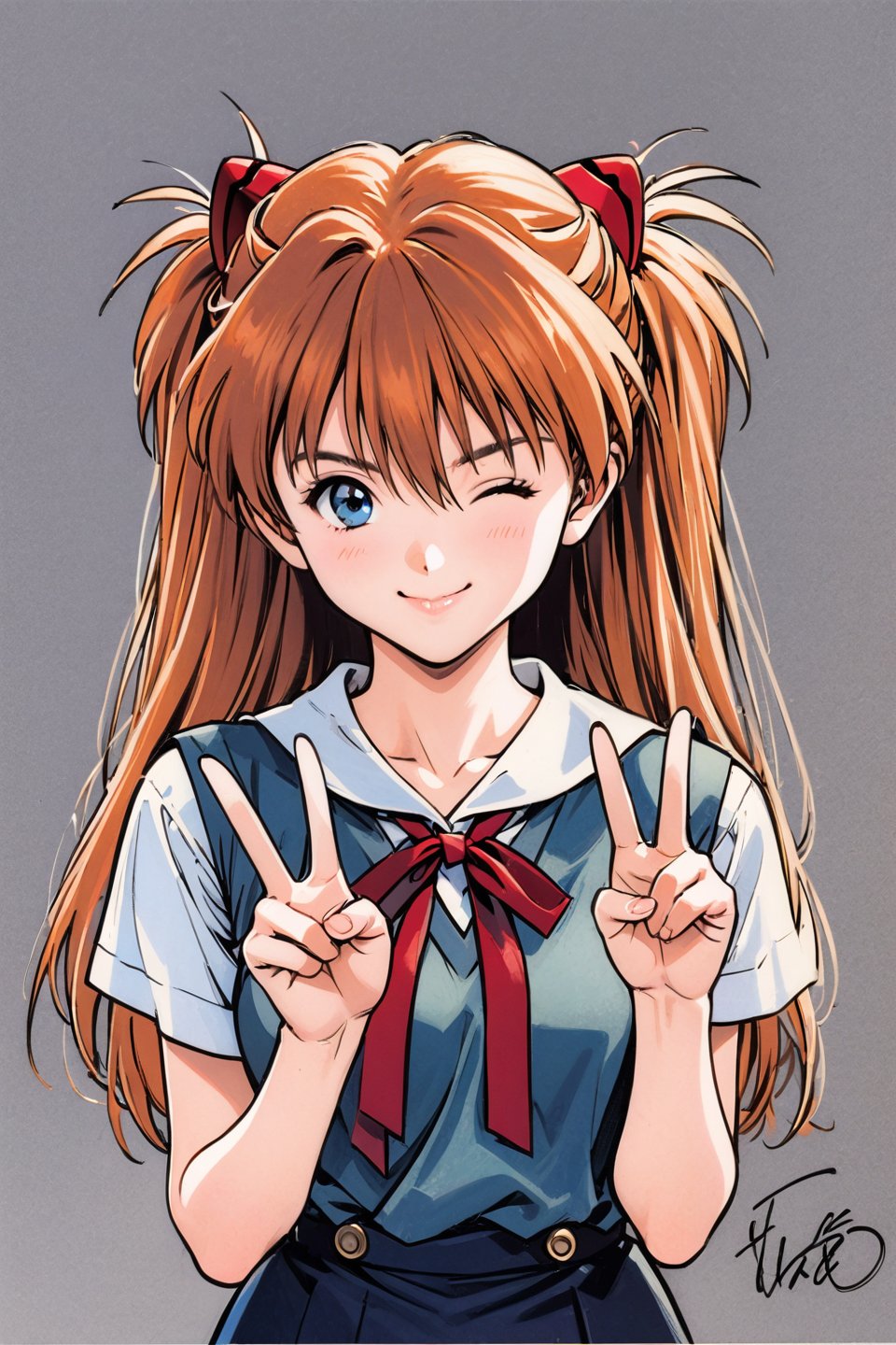 1girl, souryuu asuka langley, solo, long hair, school uniform, blue eyes, smile, white background, ribbon, shirt, simple background, v, one eye closed, orange hair, short sleeves, skirt, red ribbon, neck ribbon, white shirt, bangs, hair between eyes, looking at viewer, tokyo-3 middle school uniform, signature, closed mouth, two side up, hair ornament, suspender skirt, interface headset, suspenders, traditional media, cowboy shot, blue skirt