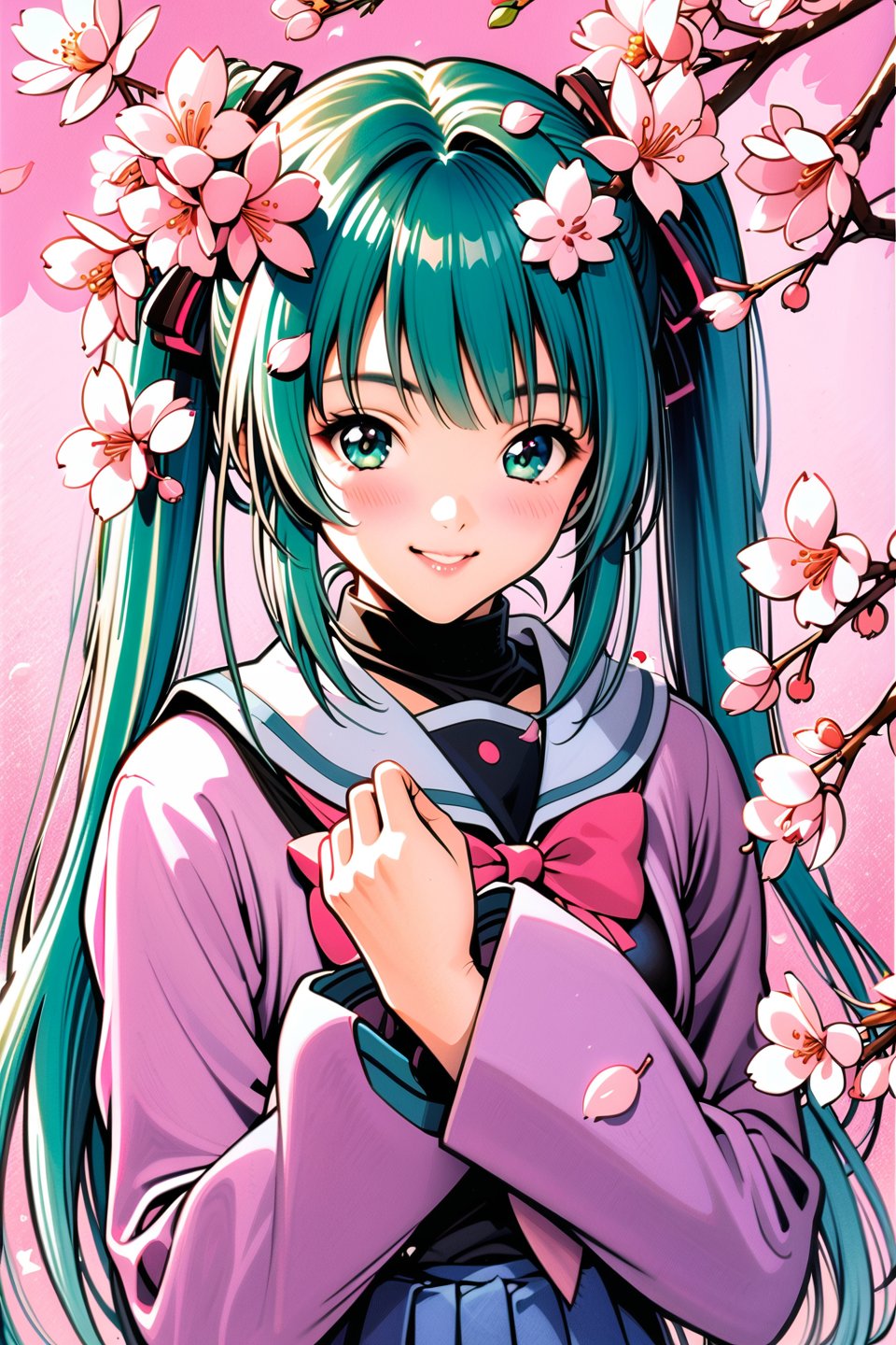 1girl, solo, hatsune miku, school uniform, green hair, cherry blossoms, cherry hair ornament, hanami, sakura, smile, looking at viewer, traditional media