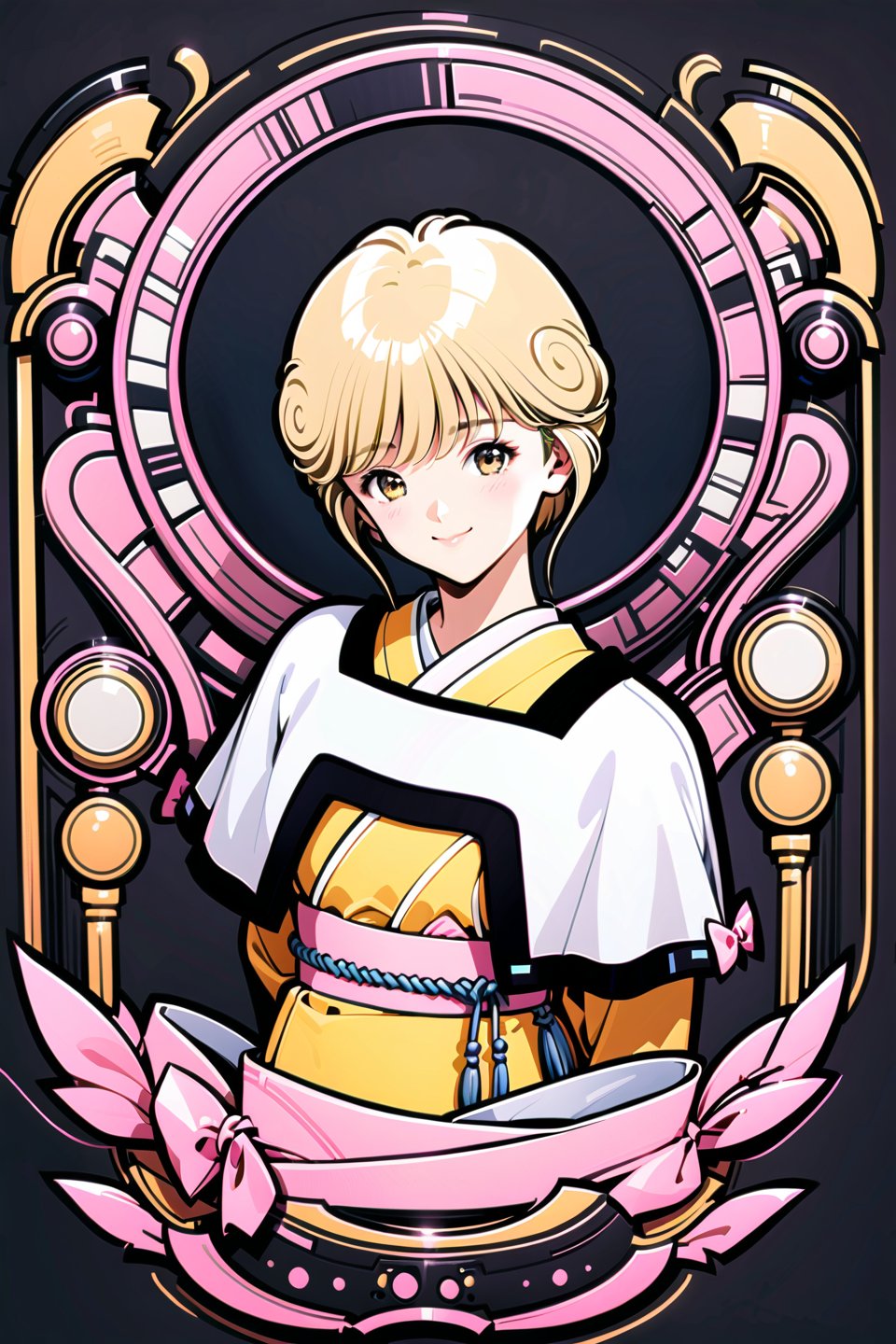 Ai Amano, 1girl, solo, short hair, blonde hair, smile, closed mouth, brown eyes, yellow short kimono white pantyhose white capelet pink obi pink bow, simple background, upper body, black background