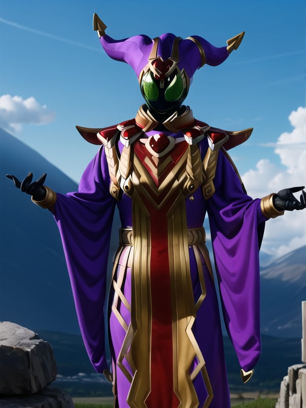 beautiful, detailed lighting, masterpiece, bloom, beautiful background, sky, rocks, mountains, wizard, robe, purple clothes, green eyes, black skin, no mouth, mask, jester hat, ,xwizard