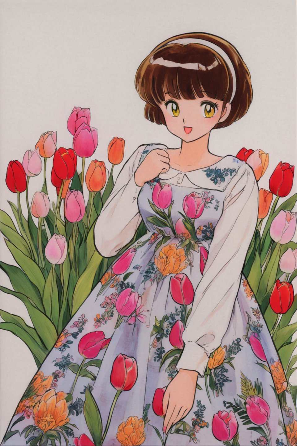 1girl, flower, short hair, brown hair, solo, long sleeves, pink flower, open mouth, white background, smile, dress, yellow eyes, hairband, bangs, simple background, feet out of frame, retro artstyle, shirt, floral print, white shirt, tulip, print dress, traditional media