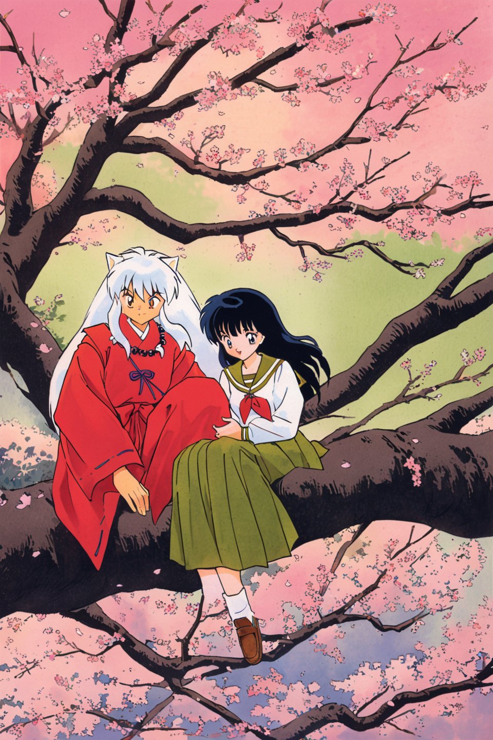 1girl, Higurashi Kagome, animal ears, 1boy, Inuyasha, cherry blossoms, school uniform, long hair, serafuku, red japanese clothes, skirt, black hair, white hair, dog ears, tree, sitting, pleated skirt, in tree, retro artstyle, smile, sitting in tree, long sleeves, green skirt, socks, neckerchief, branch, brown footwear