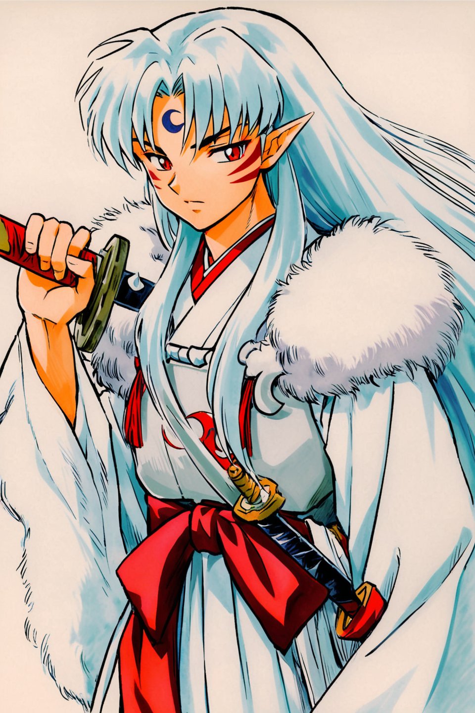 solo, 1boy, Sesshoumaru, weapon, male focus, sword, long hair, pointy ears, facial mark, holding, white hair, white background, japanese clothes, forehead mark, simple background, holding weapon, fur, holding sword, very long hair, armor, wide sleeves, crescent, long sleeves, kimono, traditional media