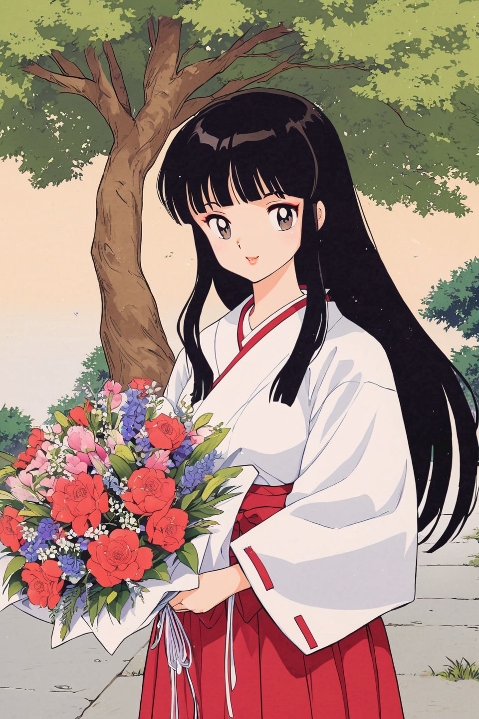 Kikyo, 1girl, solo, japanese clothes, miko, flower, skirt, black hair, long hair, hakama skirt, bouquet, tree, hime cut, kimono, ponytail, red hakama