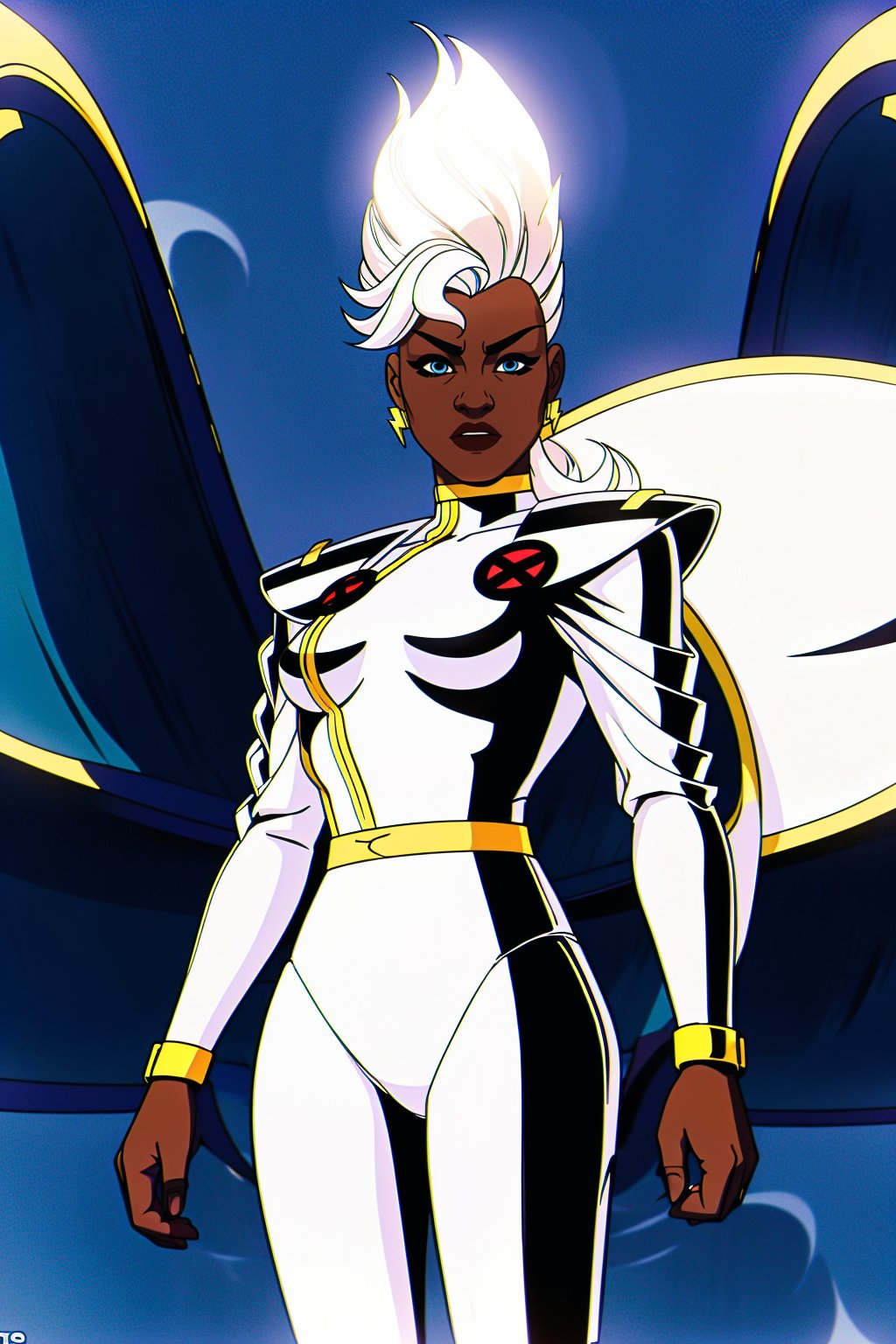 torm97, ororo monroe, an african woman, hentai illustration, white mohawk hair. ((5-in her best photo). white xmen outfit with red x logos on the suit), focal blur,storm97 ((wide angle view:1)),storm97