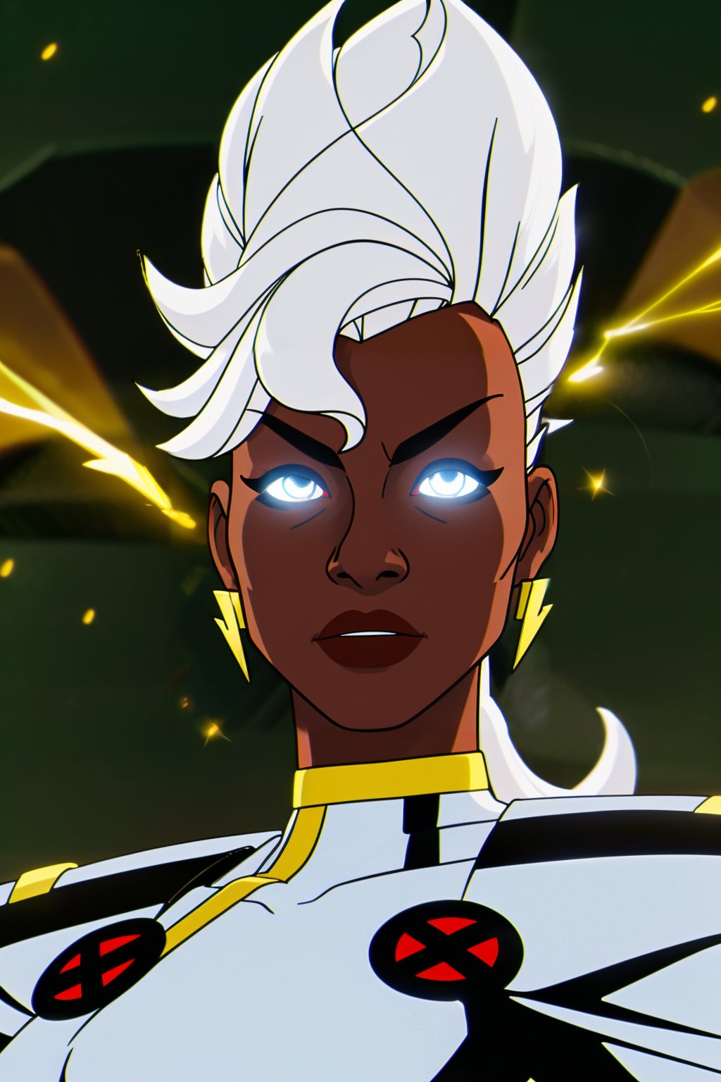 torm97, ororo monroe, an african woman, hentai illustration, white mohawk hair. ((5-in her best photo). white xmen outfit with red x logos on the suit), ((5-amazing starry night background)). ((7- Ororo's eyes are glowing solid white, ((no pupils no iris:1)), with electricity coming out of them)), focal blur,storm97