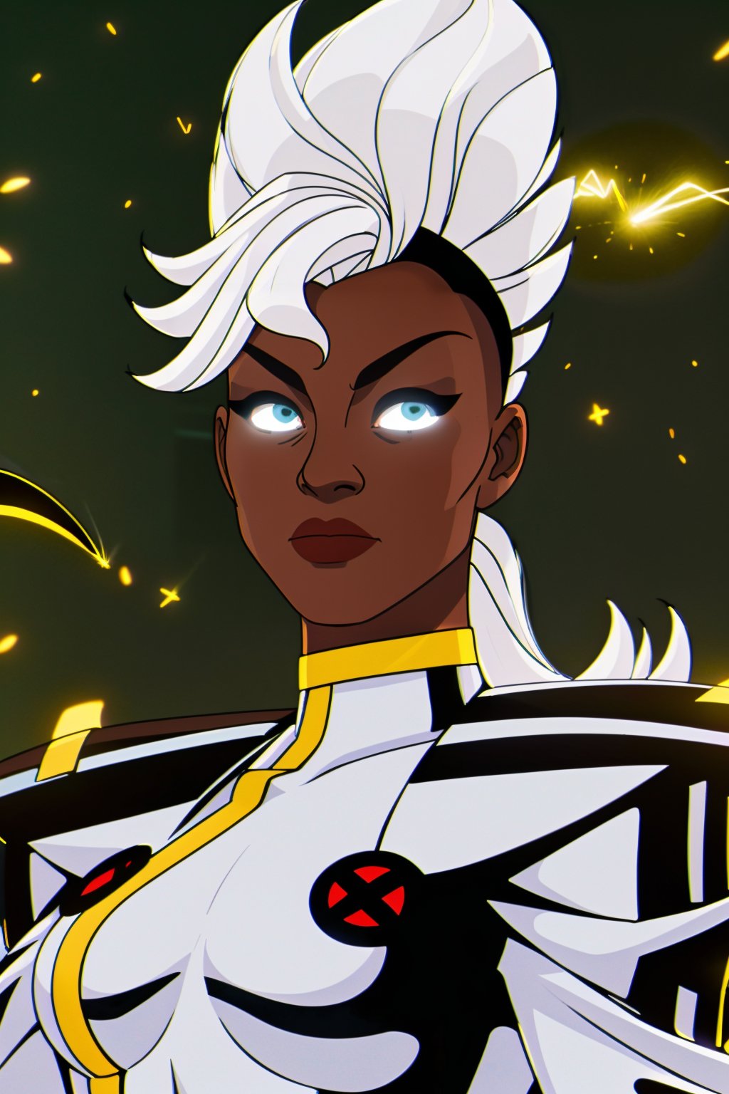 torm97, ororo monroe, an african woman, hentai illustration, white mohawk hair. ((5-in her best photo). white xmen outfit with red x logos on the suit), ((5-amazing starry night background)). ((7- Ororo's eyes are glowing solid white, ((no pupils no iris:1)), with electricity coming out of them)), focal blur