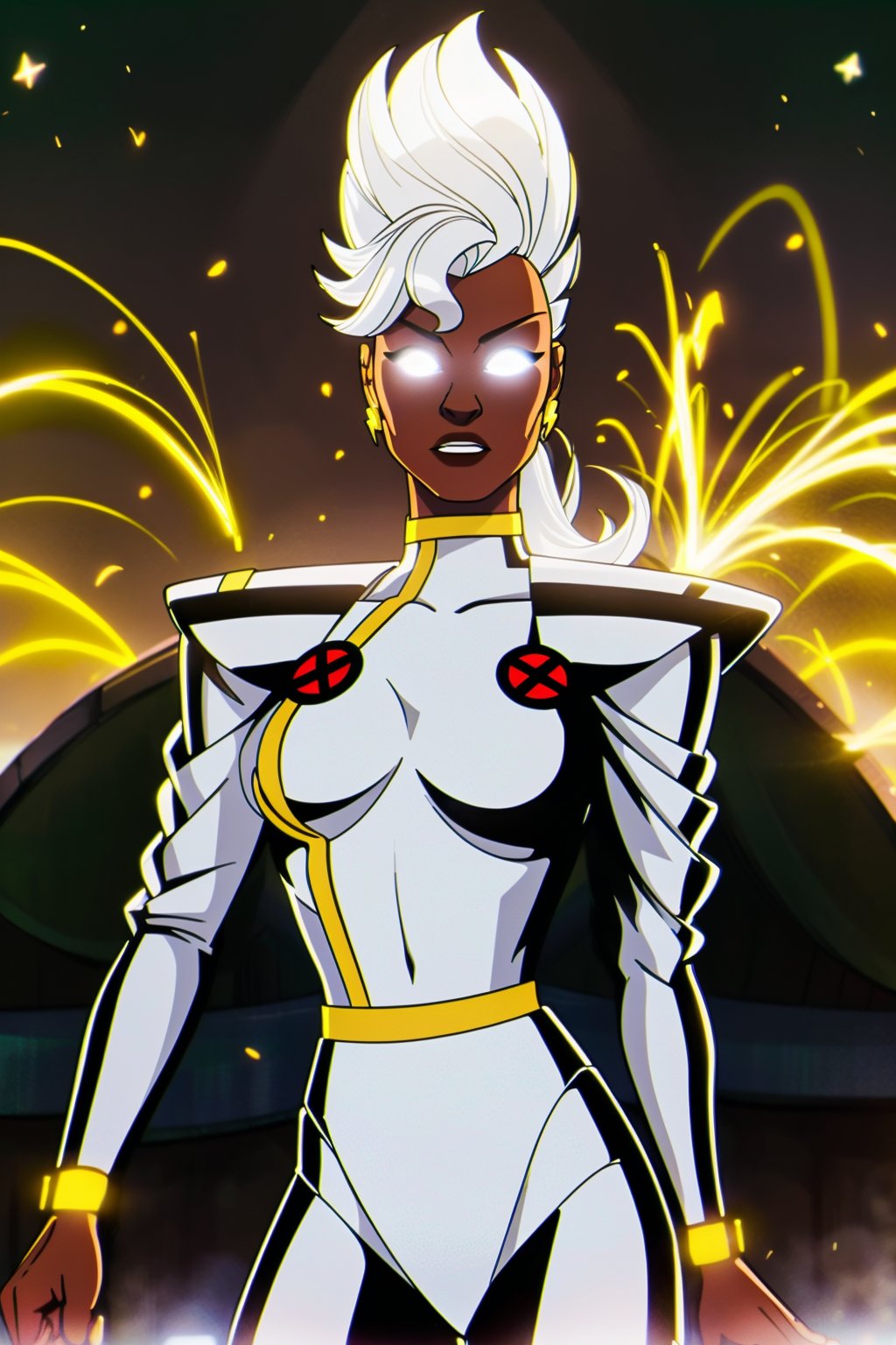 torm97, ororo monroe, an african woman, hentai illustration, white mohawk hair. ((5-in her best photo). white xmen outfit with red x logos on the suit), ((5-amazing starry night background)). ((7- Ororo's eyes are glowing solid white, ((no pupils no iris:1)), with electricity coming out of them)), focal blur