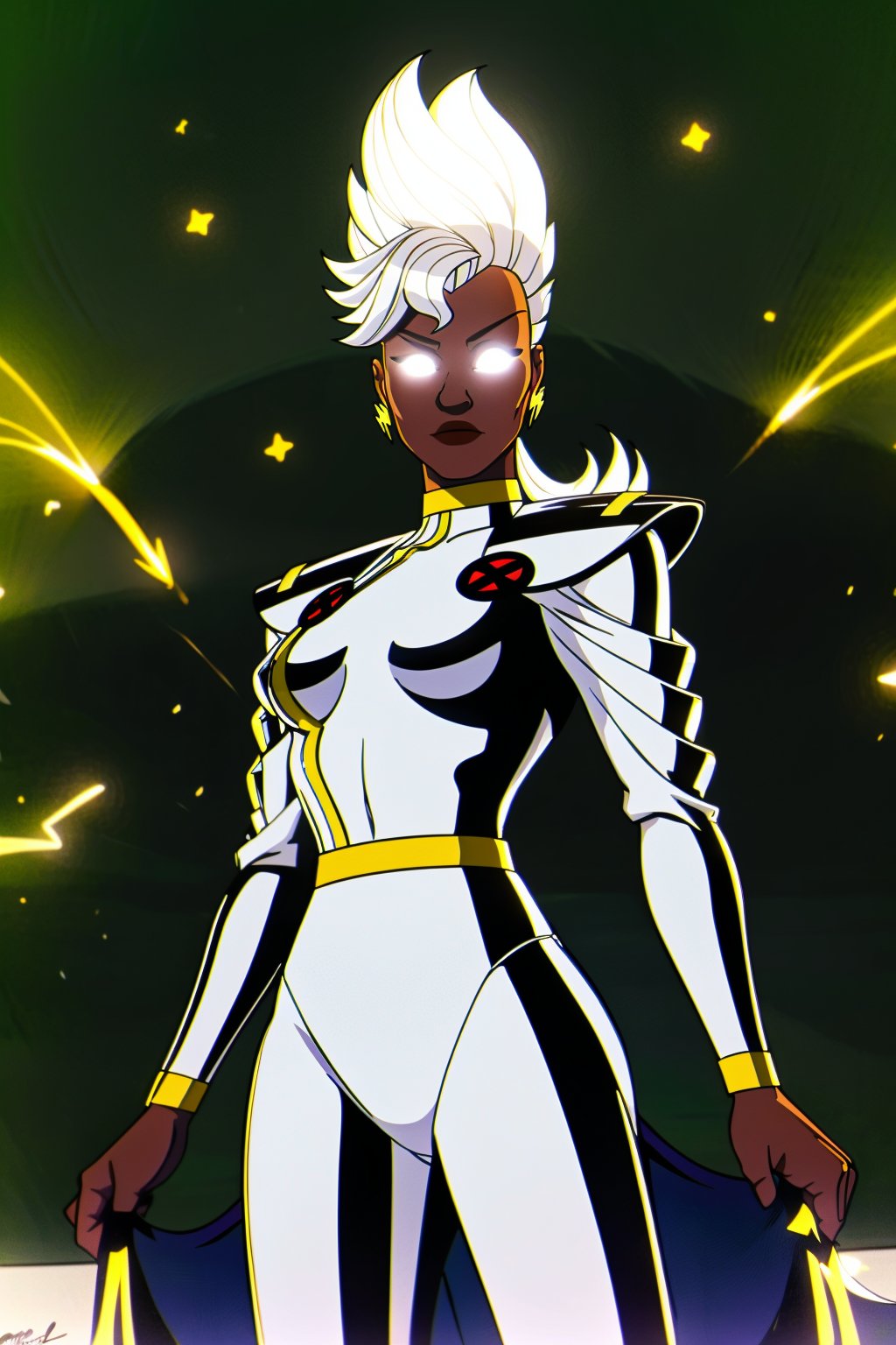 torm97, ororo monroe, an african woman, hentai illustration, white mohawk hair. ((5-in her best photo). white xmen outfit with red x logos on the suit), ((5-amazing starry night background)). ((7- Ororo's eyes are glowing solid white, ((no pupils no iris:1)), with electricity coming out of them)), focal blur,storm97 ((wide angle view:1))