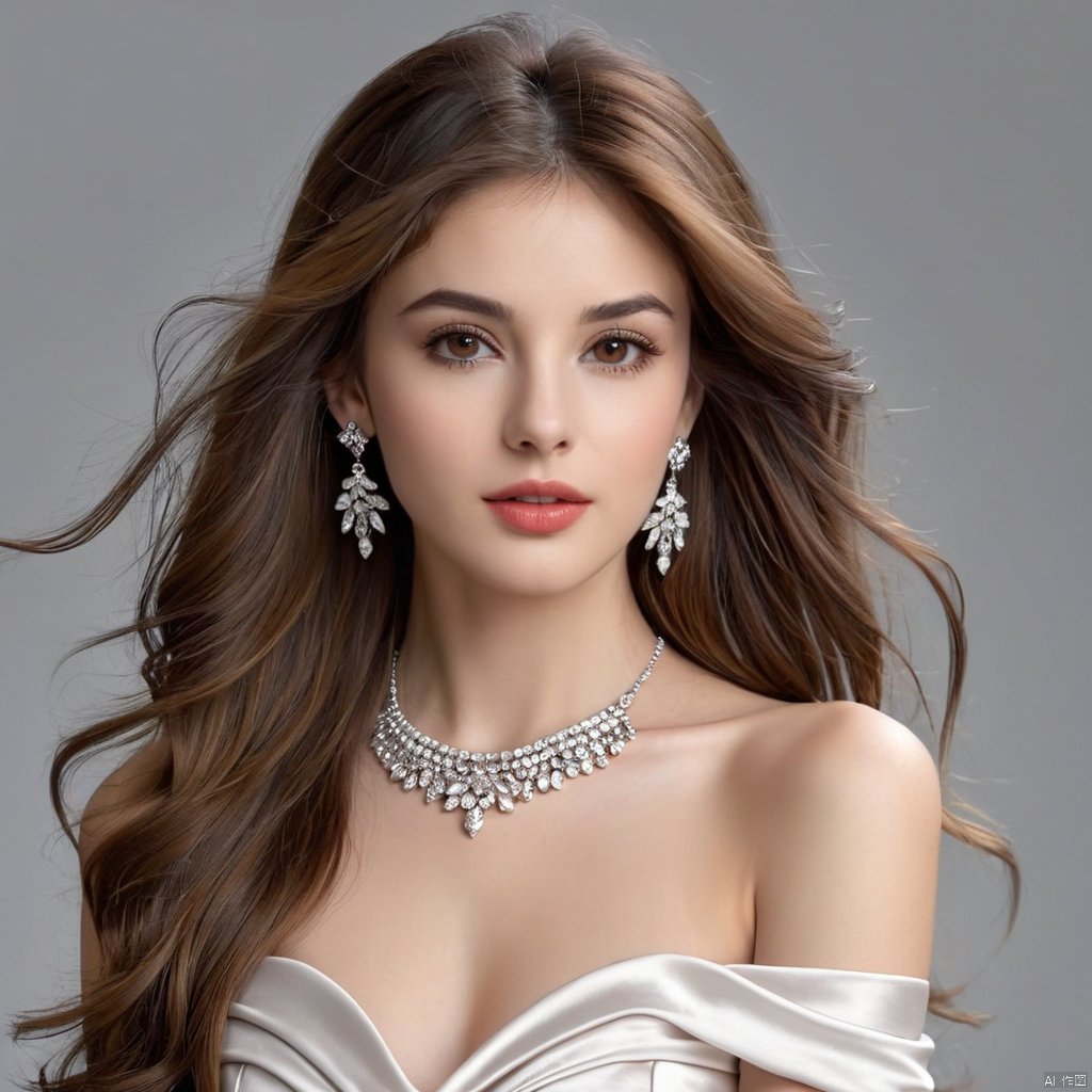 1girl, solo, long hair, looking at viewer, brown hair, dress, brown eyes, jewelry, collarbone, upper body, earrings, grey background, white dress, lips, realistic, arms at sides