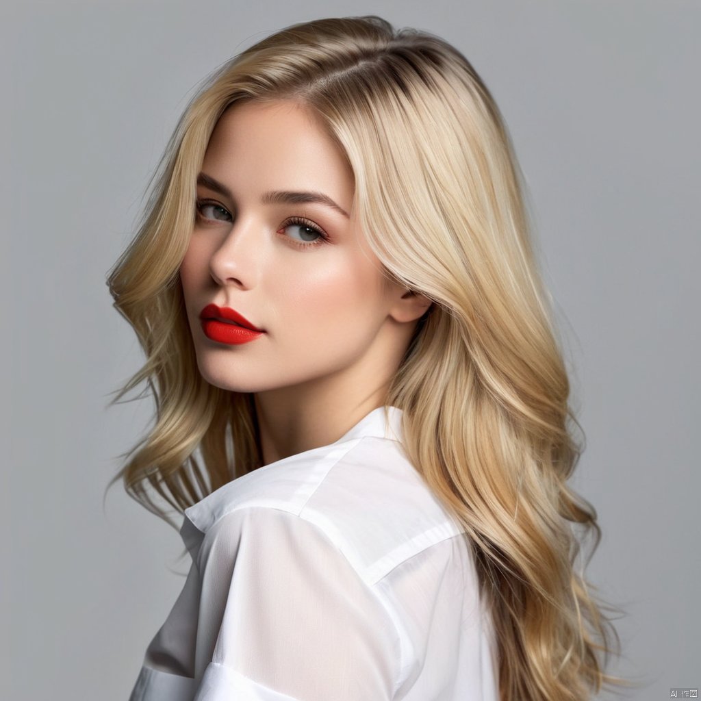 1girl, solo, long hair, looking at viewer, blonde hair, simple background, shirt, white shirt, upper body, grey background, from side, lips, looking to the side, realistic, red lips