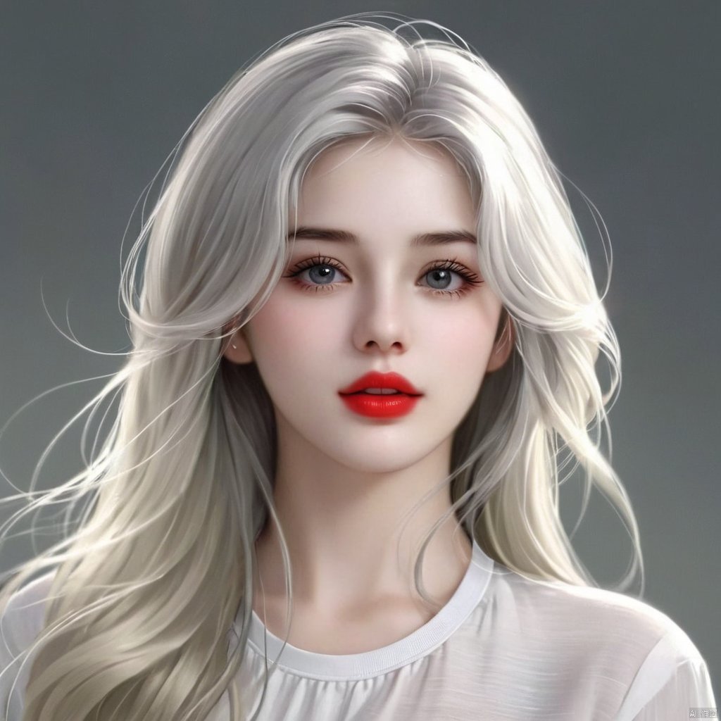 1girl, solo, long hair, looking at viewer, blonde hair, shirt, white shirt, grey hair, parted lips, grey background, lips, grey eyes, floating hair, portrait, realistic, nose, red lips,moyou