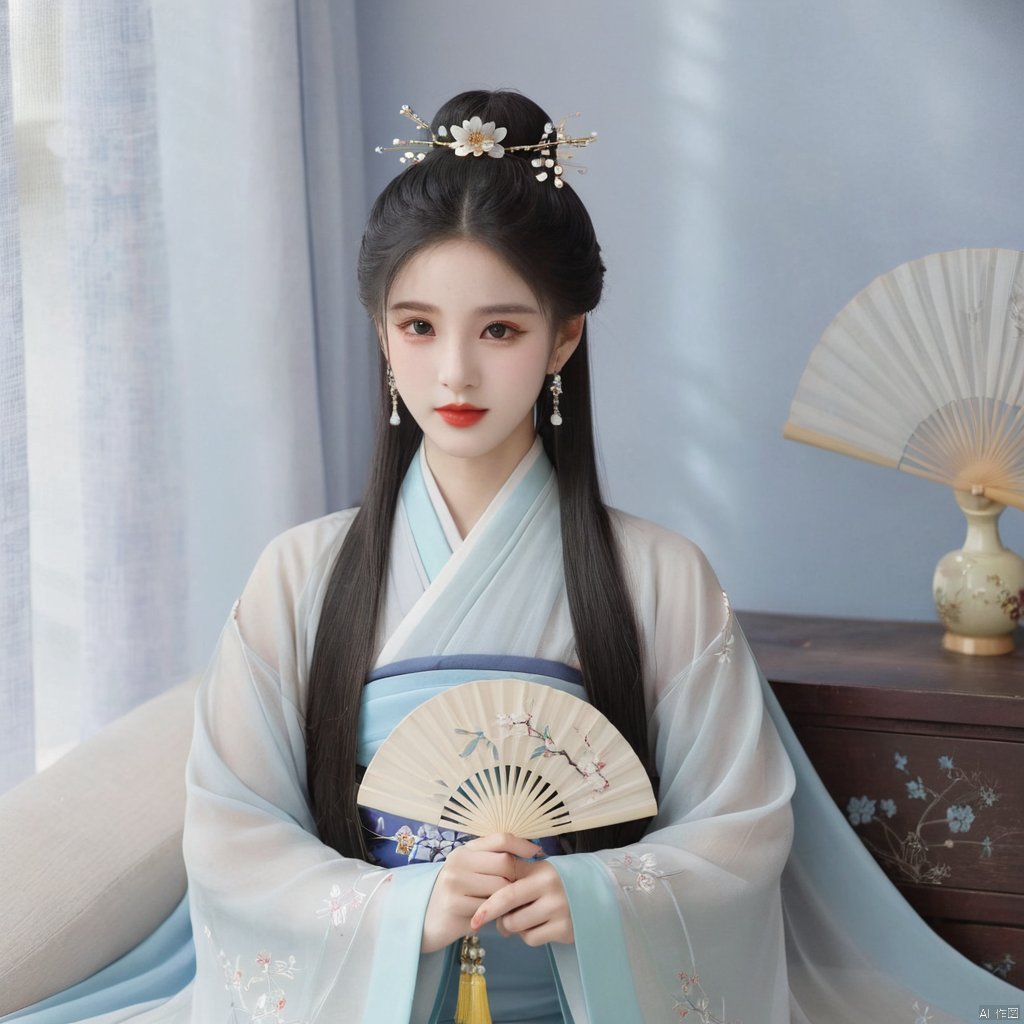 1girl, solo, long hair, looking at viewer, black hair, hair ornament, long sleeves, dress, holding, jewelry, upper body, flower, earrings, hair bun, facial mark, chinese clothes, curtains, hand fan, forehead mark, holding fan, hanfu