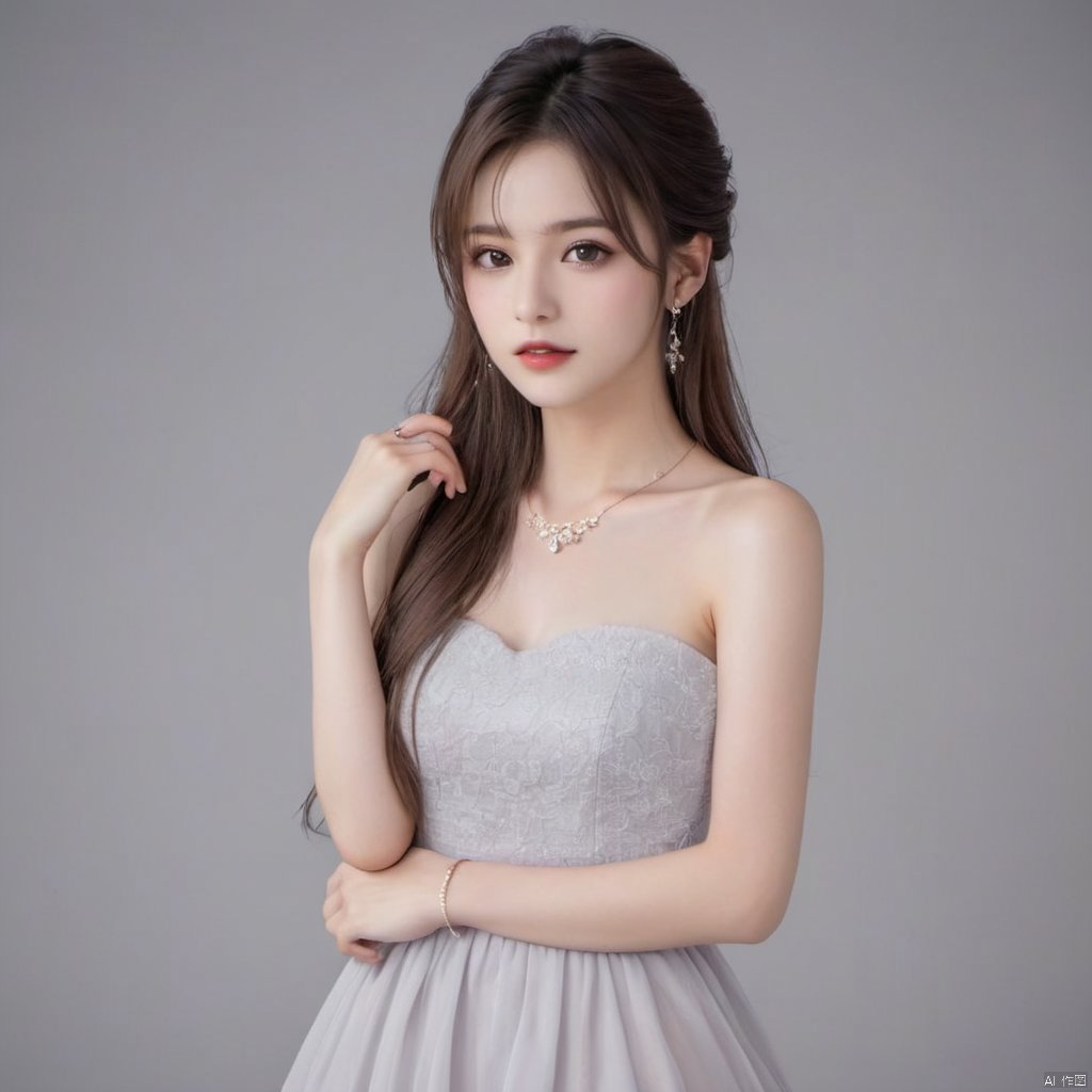 1girl, solo, long hair, looking at viewer, brown hair, dress, brown eyes, jewelry, collarbone, upper body, earrings, grey background, white dress, lips, realistic, arms at sides