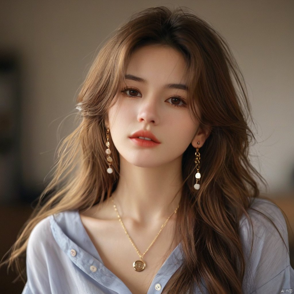 1girl, solo, long hair, looking at viewer, brown hair, shirt, brown eyes, jewelry, closed mouth, collarbone, upper body, earrings, indoors, blurry, lips, buttons, messy hair, realistic