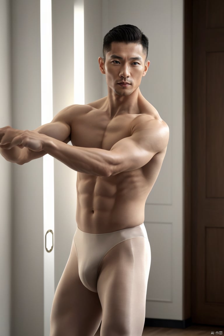  1man,Asian,solo,ballet dancer,male focus,fashion model,35 y.o,exquisite facial features,handsome,muscular,ballet clothes,dancing,masterpiece,realistic,best quality,highly detailed,blurry,jzns,tutuhsls,zjh,hbing,brxu