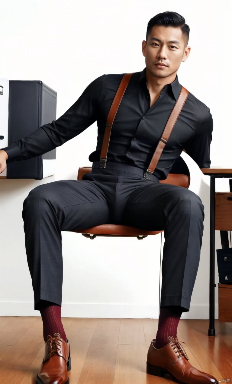  1man,Asian,solo,male focus,exquisite facial features,handsome,charming,muscular,black shirt,Suspenders,pants,(kneehigh sheer socks),red socks,footwear,sitting,office,masterpiece,realistic,best quality,highly detailed, jzns, jznssw,brxu