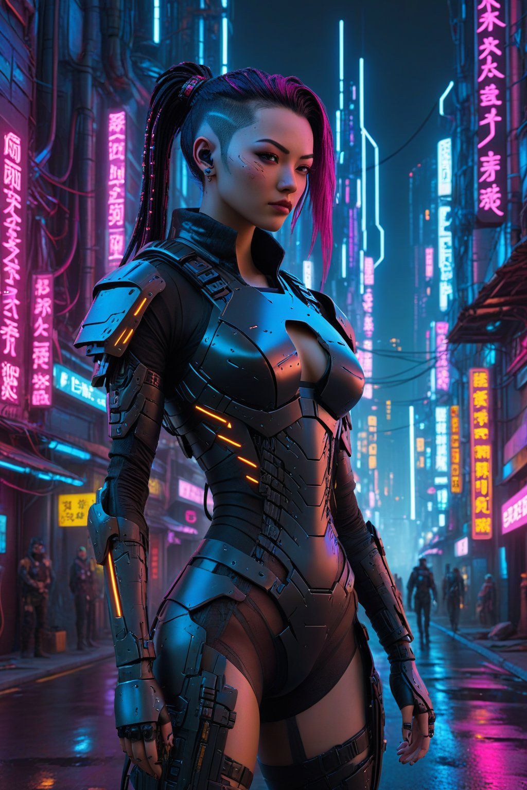 Tech-armored maiden on neon urban avenue, cyberpunk architecture, (ultra detailed), masterpiece quality, electric hues, night scene, , FuturEvoLab-Lora-Cyberpunk