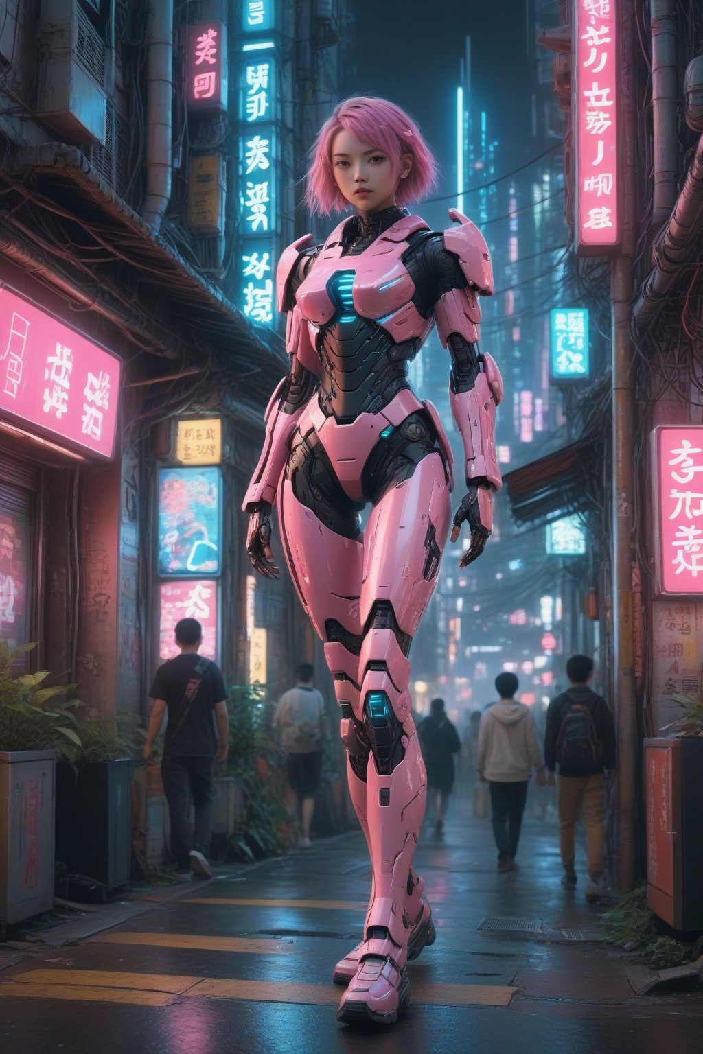 score_9, score_8_up, score_7_up, score_6_up, score_5_up, score_4_up, 
(masterpiece, best quality, 4k, 8k, highres:1.3), ultra-detailed, cute mecha girl walking, cyberpunk city streets, pink and white armor, neon lights, animated facial expressions, vibrant urban setting, holographic advertisements, playful demeanor, FuturEvoLab-Lora-Cyberpunk