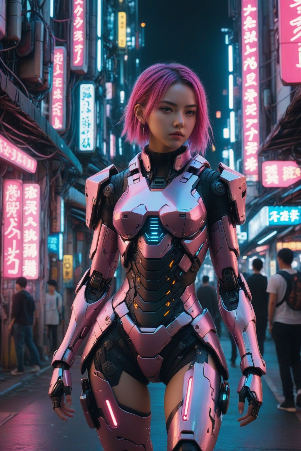 score_9, score_8_up, score_7_up, score_6_up, score_5_up, score_4_up, 
(masterpiece, best quality, 4k, 8k, highres:1.3), ultra-detailed, cute mecha girl walking, cyberpunk city streets, pink and white armor, neon lights, animated facial expressions, vibrant urban setting, holographic advertisements, playful demeanor, FuturEvoLab-Lora-Cyberpunk