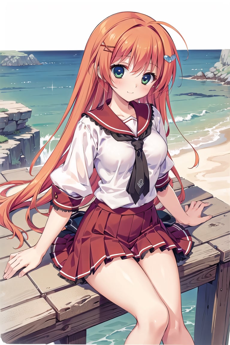 (masterpiece:1.3),best quality, sharp quality,solo,perfect Beautiful Woman: 1.5,Orange hair, hair ornaments, long hair, school uniform, mini skirts, red clothes, ,A woman looking at the sea from a hill,Beautiful landscape,