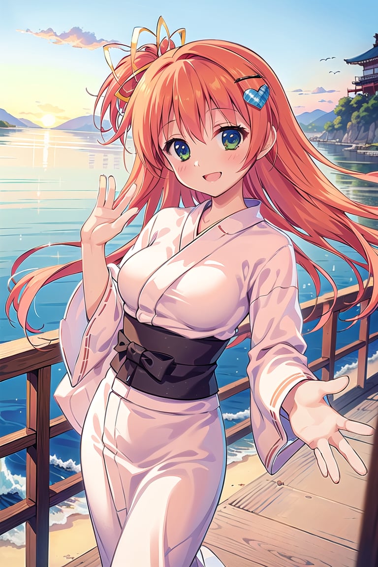 (masterpiece:1.3),best quality, (best quality, best quality: 1.3), (sharp quality),solo,perfect Beautiful Woman: 1.5,Orange hair, Blue heart -shaped hair ornament, long hair,the best smile,waving hand, Beautiful landscape, girl standing on the pier, strong wind, beautiful sea,Yukata, light pink yukata, plant pattern yukata,