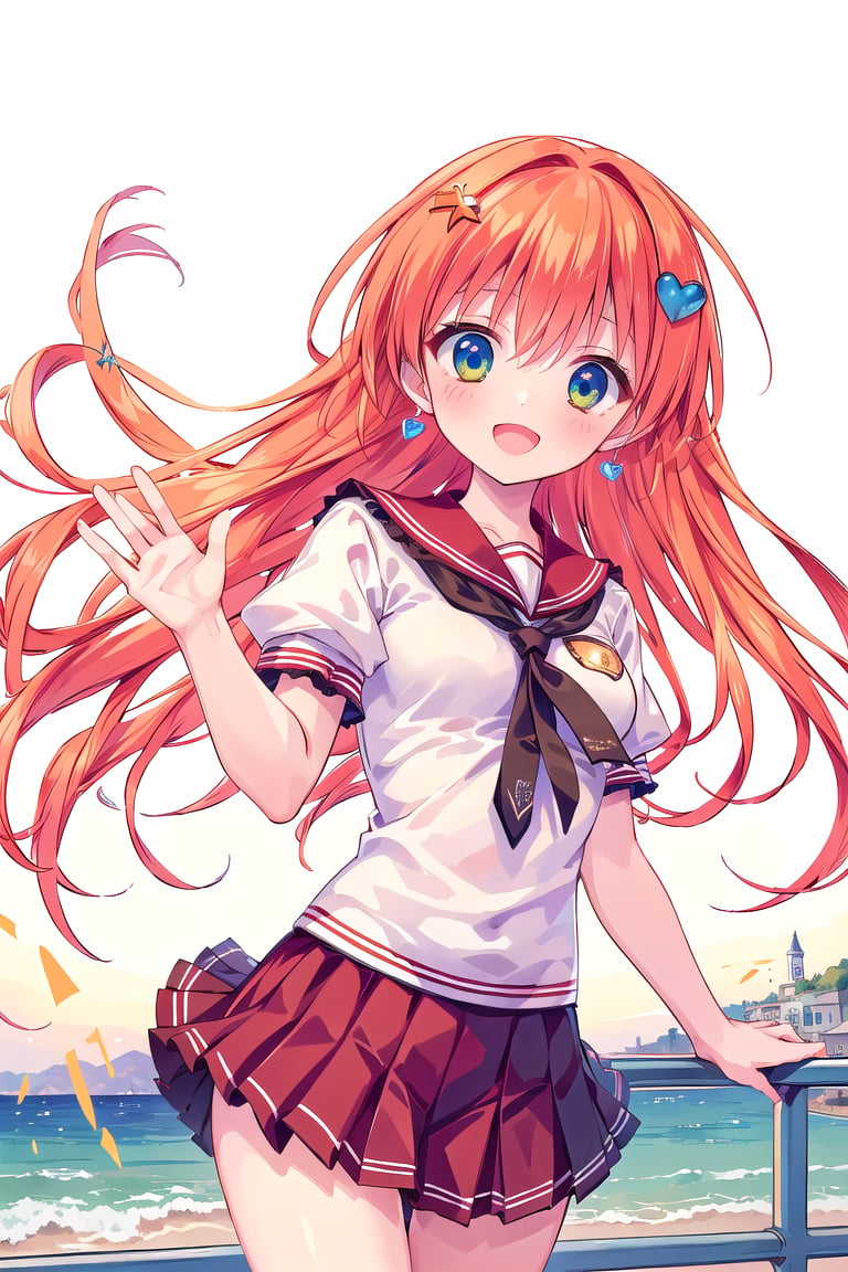 (masterpiece:1.3),best quality, (best quality, best quality: 1.3), (sharp quality),solo,perfect Beautiful Woman: 1.5,Orange hair, Blue heart -shaped hair ornament, long hair, school uniform, mini skirts, red clothes, the best smile,waving hand, Beautiful landscape, girl standing on the pier, strong wind, beautiful sea,