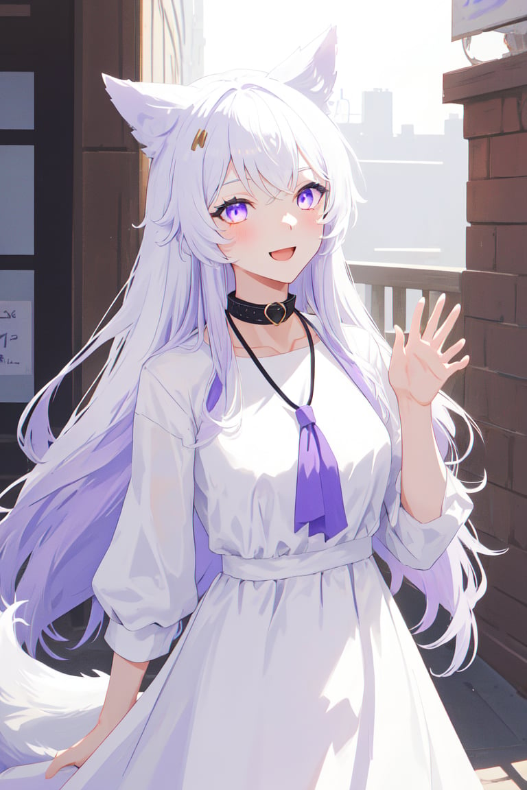 1 girl, fenrys, white_hair, 
White dress, :), wolf ears, purple neckband