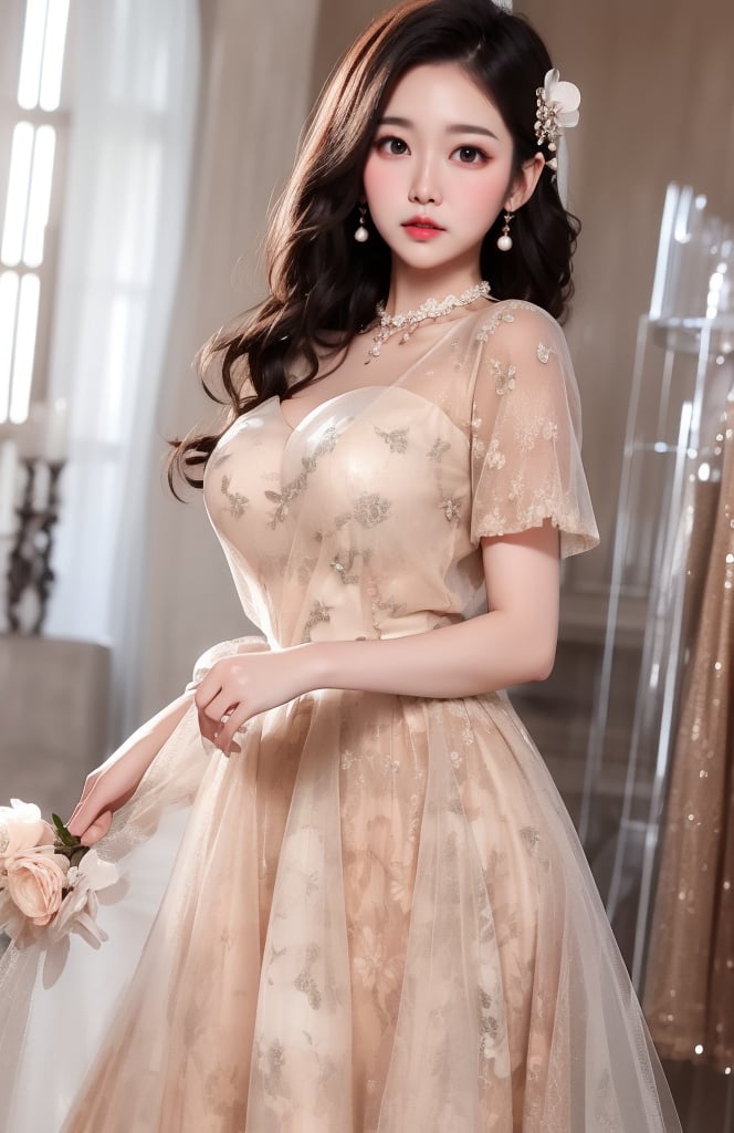 A beautifu lady with curvy shape, joyful, wearing (bridesmaid dress) with (square neck:1.2), (very short sleeves), (sheer, see through, lace:1.3), tulle skirt, with head, (floral print:1.3), delicate necklace, (hairpin), black hair, catch light, lip stain, (cowboy shot), solo, masterpieces, best quality, high resolution, (bright scene), soft color, low contrast, blurred background,