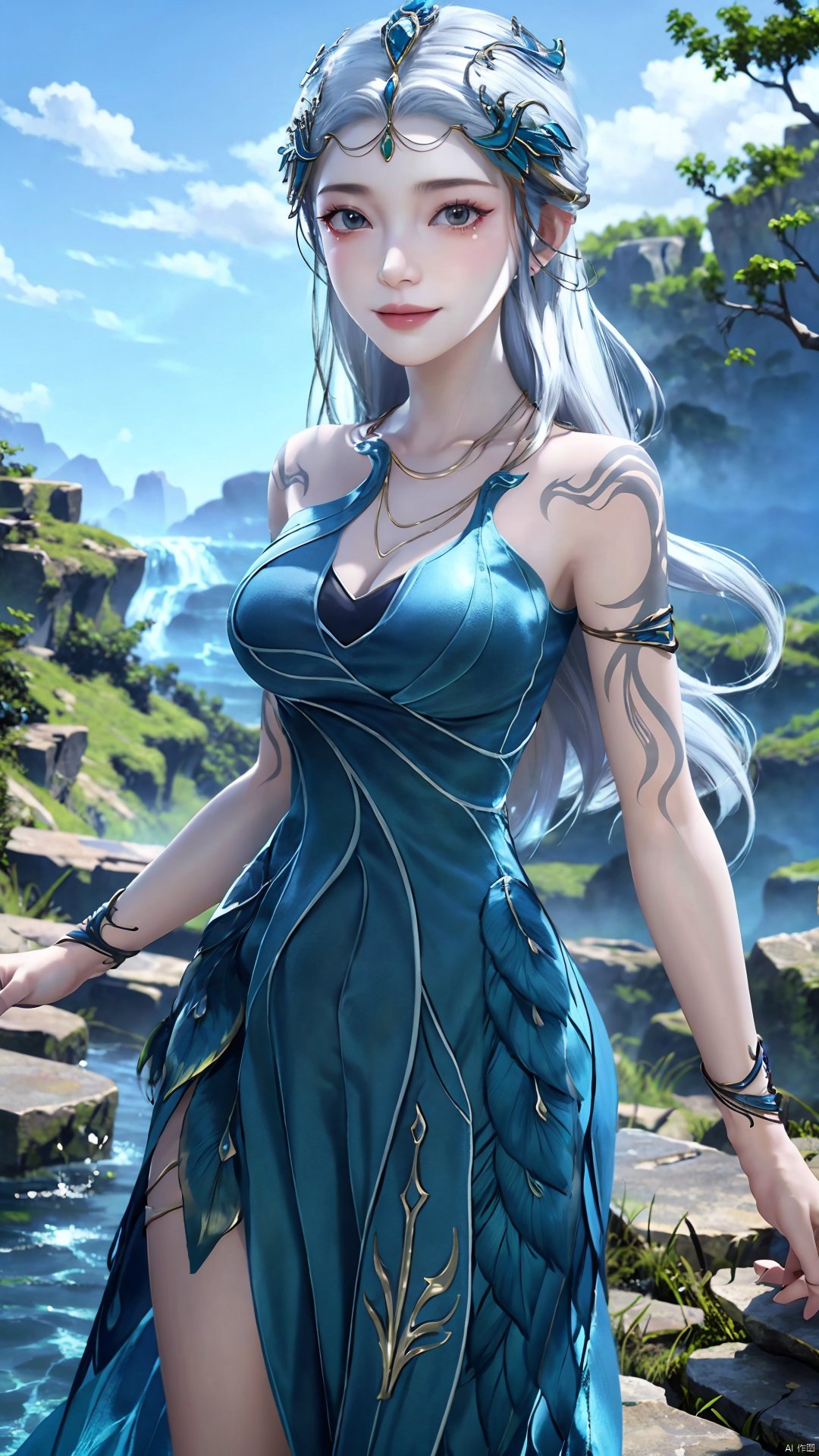 1girl, jewelry, long hair, bracelet, strapless dress, necklace, tattoo, gem, bare shoulders, white hair, aqua dress, mischevious smile, perfect body, scenery, sharp focus, best quality, masterpiece, detailed outfit, illustration, perfect eyes, finely detailed beautiful anime eyes, realistic skin, intricate details, best lighting, depth of field, ultra high resolution,cowboy_shot, dynamic pose, dynamic angle,