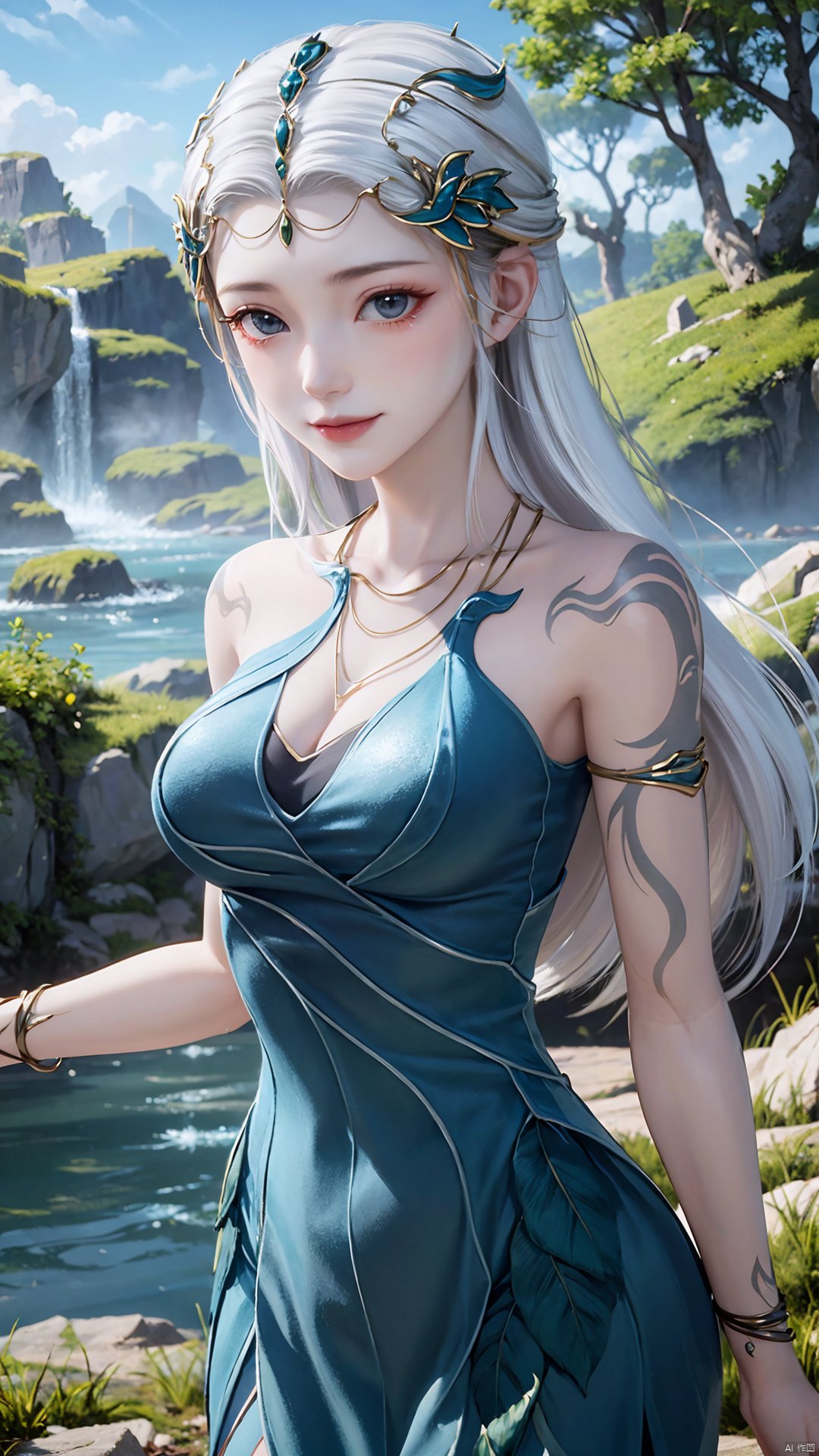 1girl, jewelry, long hair, bracelet, strapless dress, necklace, tattoo, gem, bare shoulders, white hair, aqua dress, mischevious smile, perfect body, scenery, sharp focus, best quality, masterpiece, detailed outfit, illustration, perfect eyes, finely detailed beautiful anime eyes, realistic skin, intricate details, best lighting, depth of field, ultra high resolution,cowboy_shot, dynamic pose, dynamic angle,