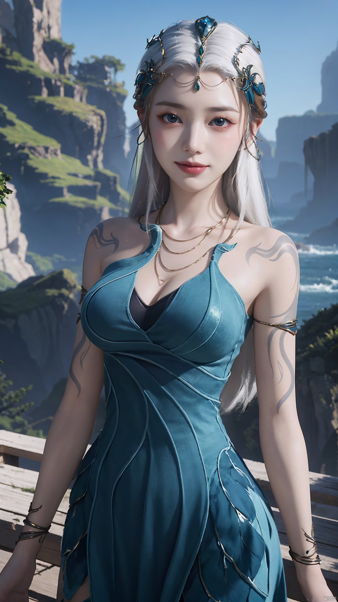 1girl, jewelry, long hair, bracelet, strapless dress, necklace, tattoo, gem, bare shoulders, white hair, aqua dress, mischevious smile, perfect body, scenery, sharp focus, best quality, masterpiece, detailed outfit, illustration, perfect eyes, finely detailed beautiful anime eyes, realistic skin, intricate details, best lighting, depth of field, ultra high resolution,cowboy_shot, dynamic pose, dynamic angle,