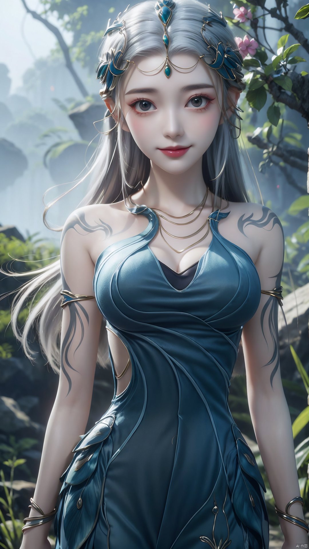 1girl, jewelry, long hair, bracelet, strapless dress, necklace, tattoo, gem, bare shoulders, white hair, aqua dress, mischevious smile, perfect body, scenery, sharp focus, best quality, masterpiece, detailed outfit, illustration, perfect eyes, finely detailed beautiful anime eyes, realistic skin, intricate details, best lighting, depth of field, ultra high resolution,cowboy_shot, dynamic pose, dynamic angle,