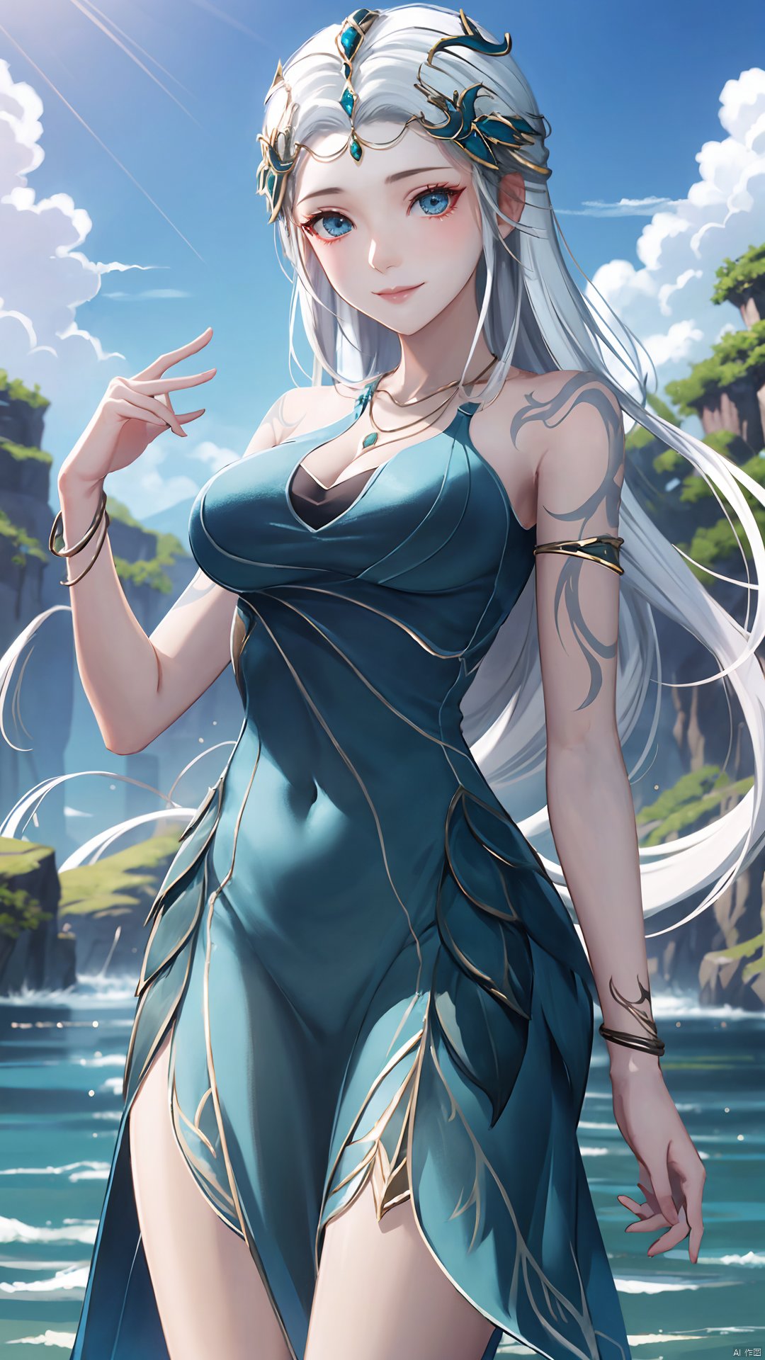 1girl, jewelry, long hair, bracelet, strapless dress, necklace, tattoo, gem, bare shoulders, white hair, aqua dress, mischevious smile, perfect body, scenery, sharp focus, best quality, masterpiece, detailed outfit, illustration, perfect eyes, finely detailed beautiful anime eyes, realistic skin, intricate details, best lighting, depth of field, ultra high resolution,cowboy_shot, dynamic pose, dynamic angle,