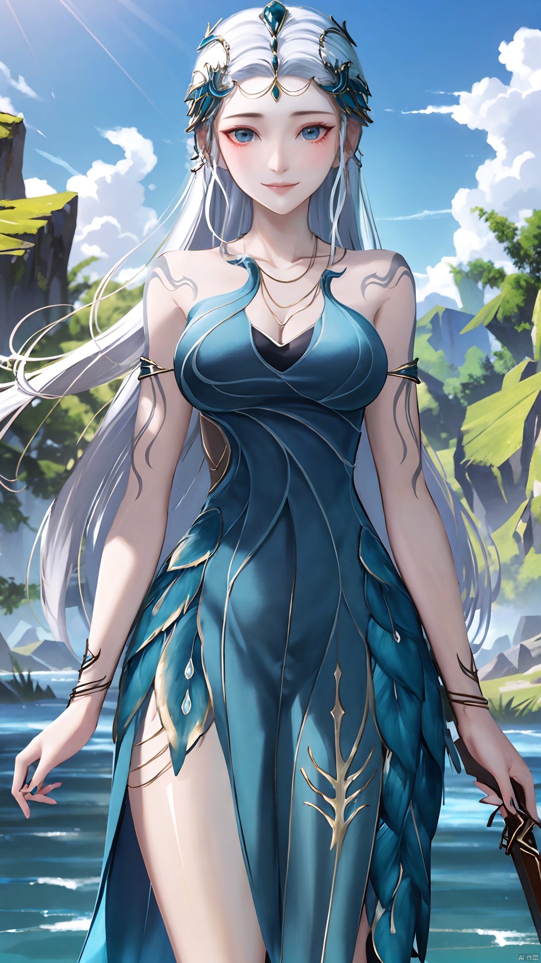 1girl, jewelry, long hair, bracelet, strapless dress, necklace, tattoo, gem, bare shoulders, white hair, aqua dress, mischevious smile, perfect body, scenery, sharp focus, best quality, masterpiece, detailed outfit, illustration, perfect eyes, finely detailed beautiful anime eyes, realistic skin, intricate details, best lighting, depth of field, ultra high resolution,cowboy_shot, dynamic pose, dynamic angle,