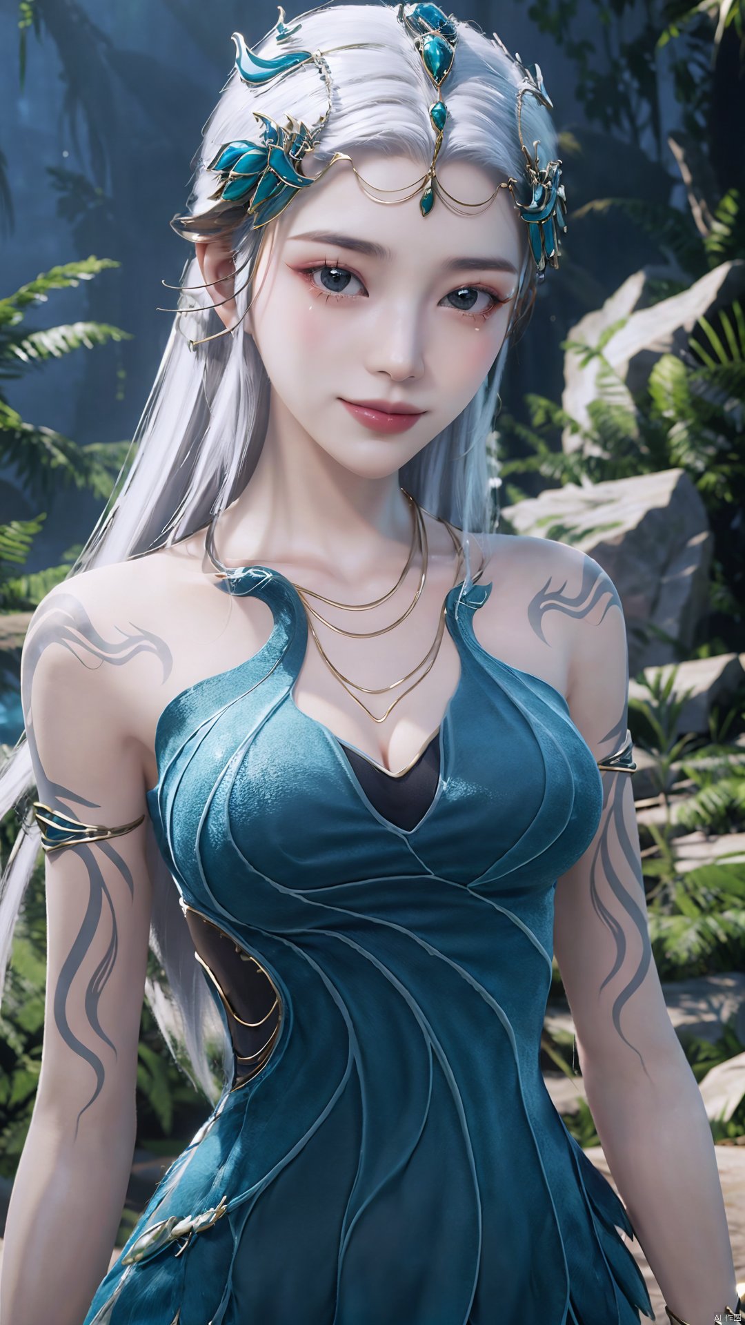 1girl, jewelry, long hair, bracelet, strapless dress, necklace, tattoo, gem, bare shoulders, white hair, aqua dress, mischevious smile, perfect body, scenery, sharp focus, best quality, masterpiece, detailed outfit, illustration, perfect eyes, finely detailed beautiful anime eyes, realistic skin, intricate details, best lighting, depth of field, ultra high resolution,cowboy_shot, dynamic pose, dynamic angle,