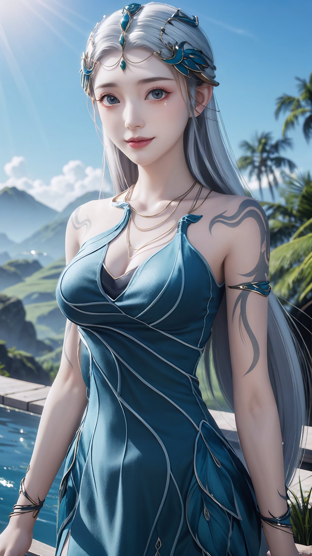 1girl, jewelry, long hair, bracelet, strapless dress, necklace, tattoo, gem, bare shoulders, white hair, aqua dress, mischevious smile, perfect body, scenery, sharp focus, best quality, masterpiece, detailed outfit, illustration, perfect eyes, finely detailed beautiful anime eyes, realistic skin, intricate details, best lighting, depth of field, ultra high resolution,cowboy_shot, dynamic pose, dynamic angle,