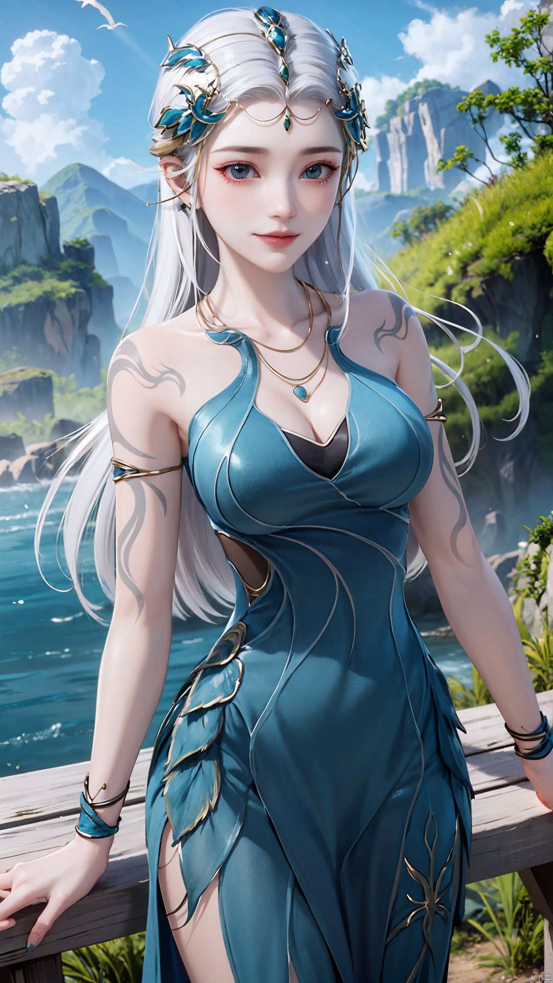 1girl, jewelry, long hair, bracelet, strapless dress, necklace, tattoo, gem, bare shoulders, white hair, aqua dress, mischevious smile, perfect body, scenery, sharp focus, best quality, masterpiece, detailed outfit, illustration, perfect eyes, finely detailed beautiful anime eyes, realistic skin, intricate details, best lighting, depth of field, ultra high resolution,cowboy_shot, dynamic pose, dynamic angle,