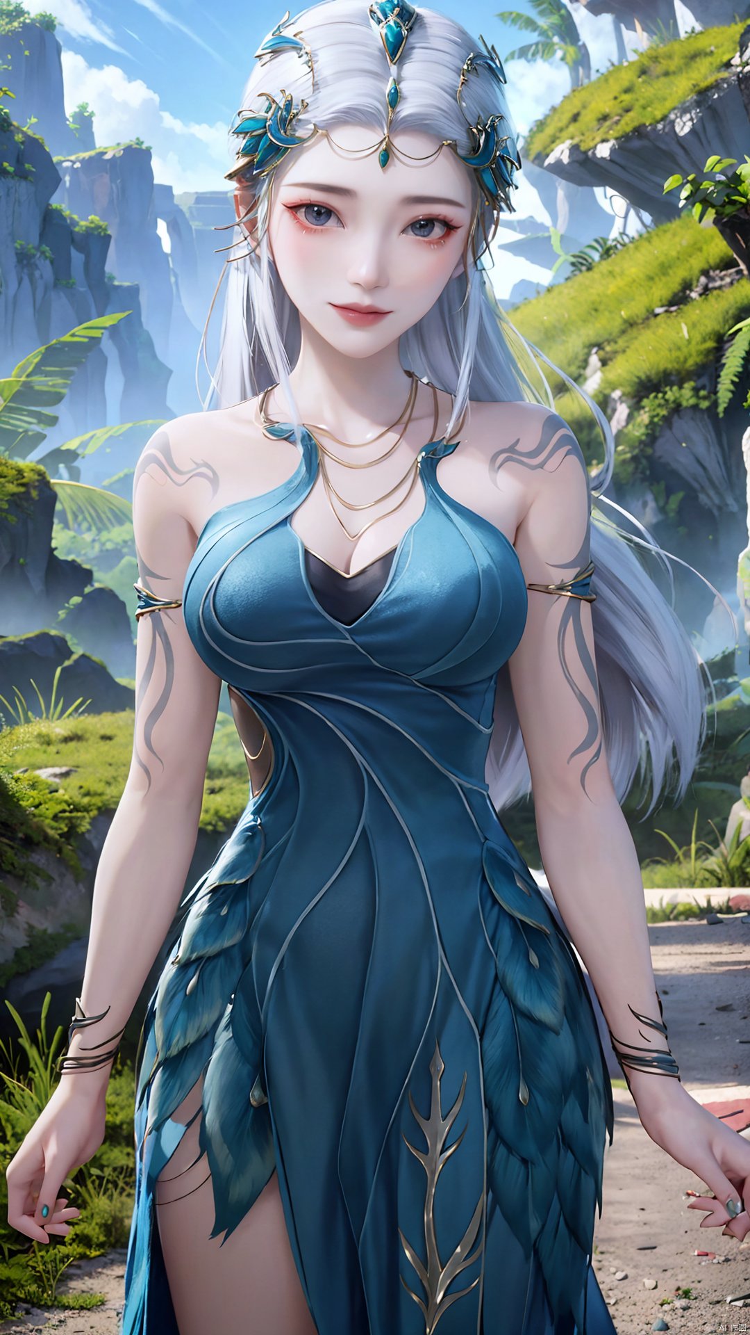 1girl, jewelry, long hair, bracelet, strapless dress, necklace, tattoo, gem, bare shoulders, white hair, aqua dress, mischevious smile, perfect body, scenery, sharp focus, best quality, masterpiece, detailed outfit, illustration, perfect eyes, finely detailed beautiful anime eyes, realistic skin, intricate details, best lighting, depth of field, ultra high resolution,cowboy_shot, dynamic pose, dynamic angle,