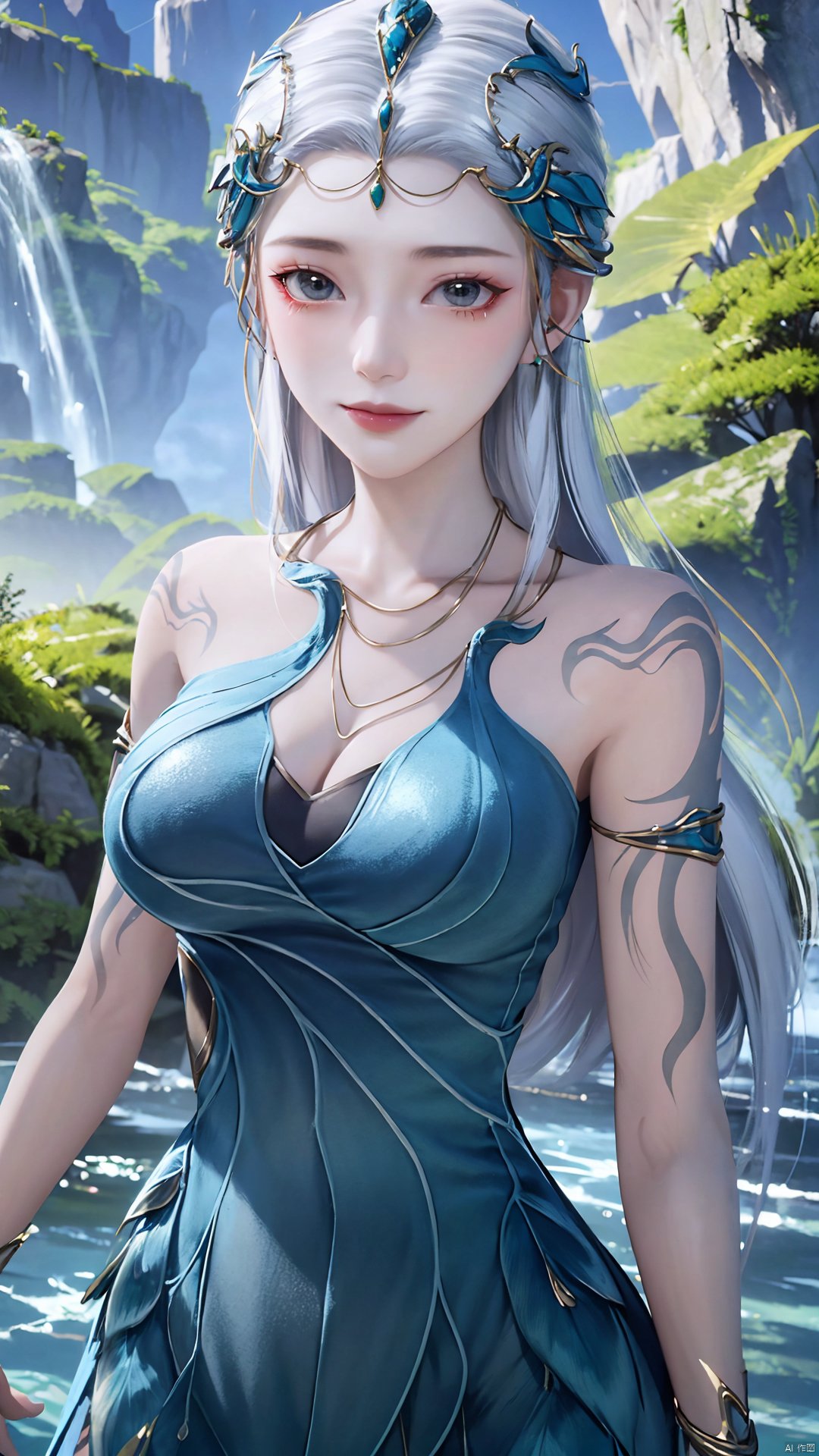 1girl, jewelry, long hair, bracelet, strapless dress, necklace, tattoo, gem, bare shoulders, white hair, aqua dress, mischevious smile, perfect body, scenery, sharp focus, best quality, masterpiece, detailed outfit, illustration, perfect eyes, finely detailed beautiful anime eyes, realistic skin, intricate details, best lighting, depth of field, ultra high resolution,cowboy_shot, dynamic pose, dynamic angle,