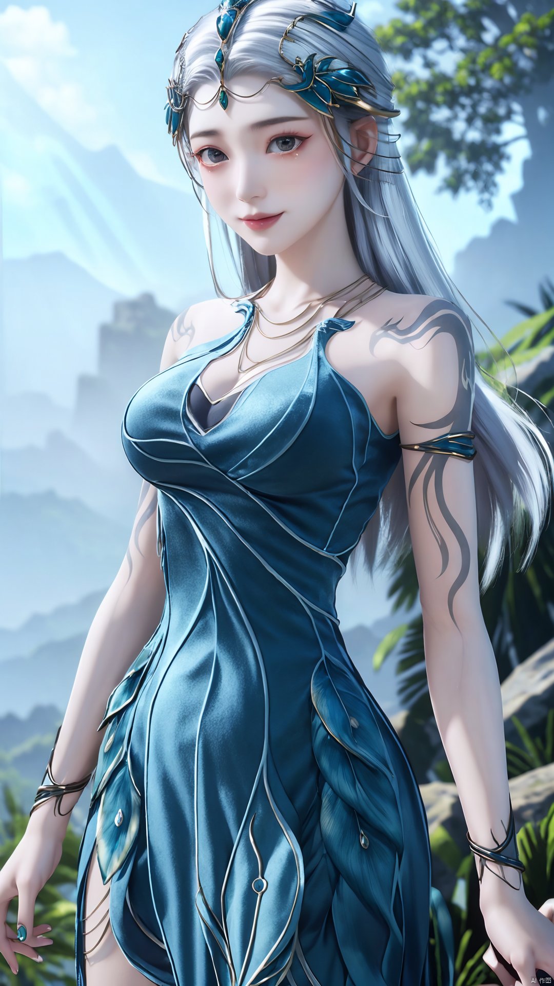 1girl, jewelry, long hair, bracelet, strapless dress, necklace, tattoo, gem, bare shoulders, white hair, aqua dress, mischevious smile, perfect body, scenery, sharp focus, best quality, masterpiece, detailed outfit, illustration, perfect eyes, finely detailed beautiful anime eyes, realistic skin, intricate details, best lighting, depth of field, ultra high resolution,cowboy_shot, dynamic pose, dynamic angle,