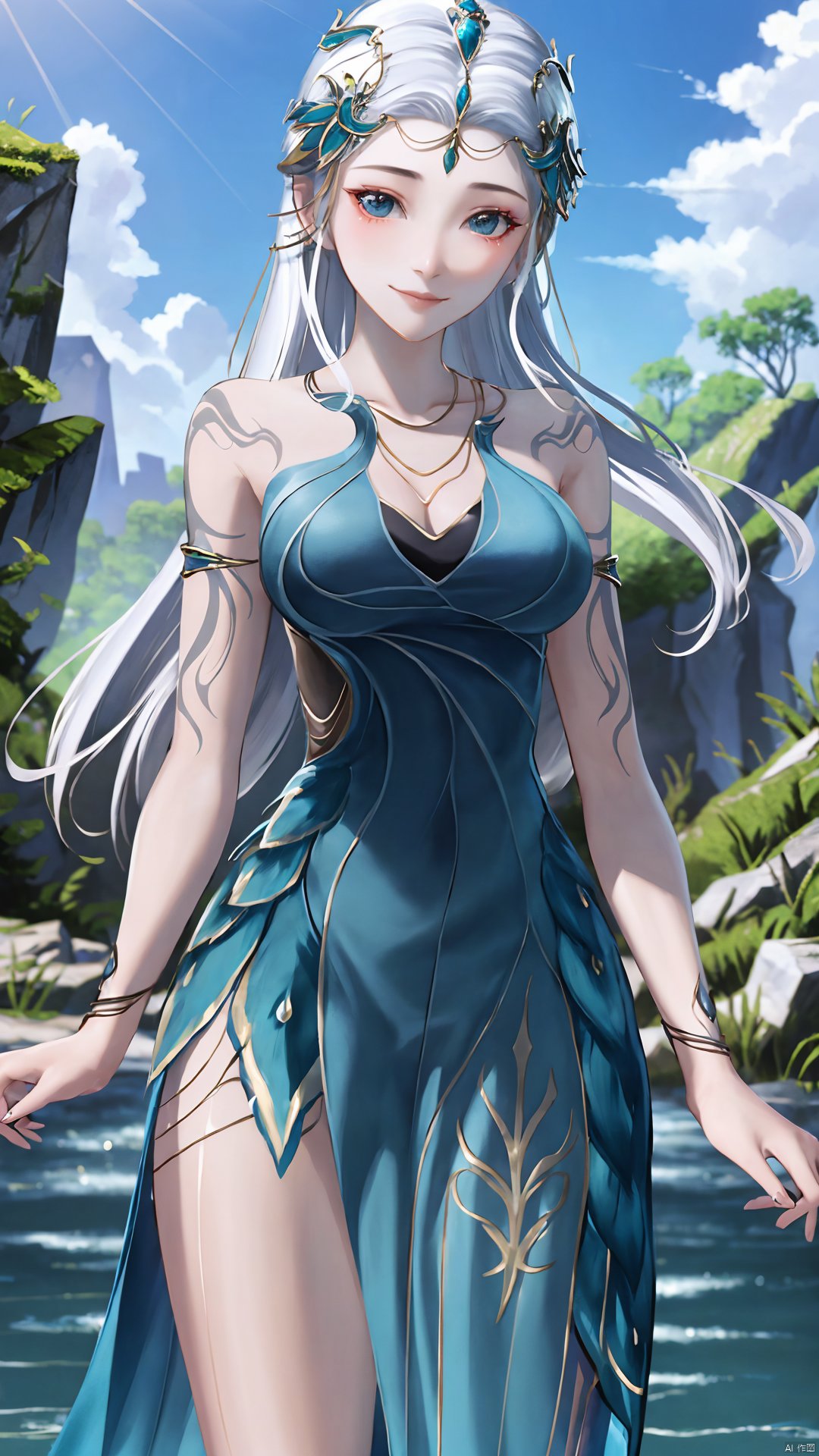 1girl, jewelry, long hair, bracelet, strapless dress, necklace, tattoo, gem, bare shoulders, white hair, aqua dress, mischevious smile, perfect body, scenery, sharp focus, best quality, masterpiece, detailed outfit, illustration, perfect eyes, finely detailed beautiful anime eyes, realistic skin, intricate details, best lighting, depth of field, ultra high resolution,cowboy_shot, dynamic pose, dynamic angle,