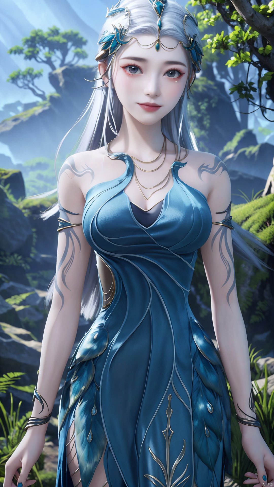 1girl, jewelry, long hair, bracelet, strapless dress, necklace, tattoo, gem, bare shoulders, white hair, aqua dress, mischevious smile, perfect body, scenery, sharp focus, best quality, masterpiece, detailed outfit, illustration, perfect eyes, finely detailed beautiful anime eyes, realistic skin, intricate details, best lighting, depth of field, ultra high resolution,cowboy_shot, dynamic pose, dynamic angle,