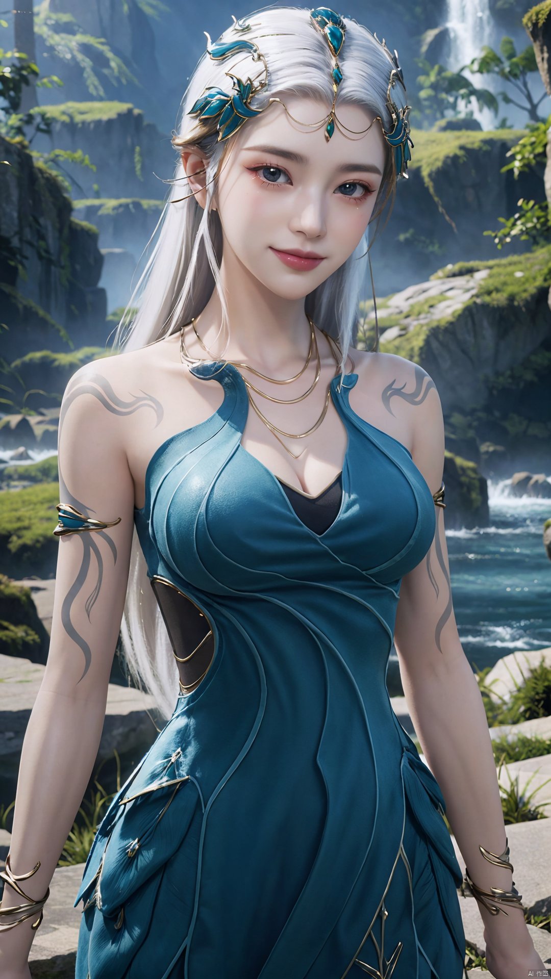 1girl, jewelry, long hair, bracelet, strapless dress, necklace, tattoo, gem, bare shoulders, white hair, aqua dress, mischevious smile, perfect body, scenery, sharp focus, best quality, masterpiece, detailed outfit, illustration, perfect eyes, finely detailed beautiful anime eyes, realistic skin, intricate details, best lighting, depth of field, ultra high resolution,cowboy_shot, dynamic pose, dynamic angle,